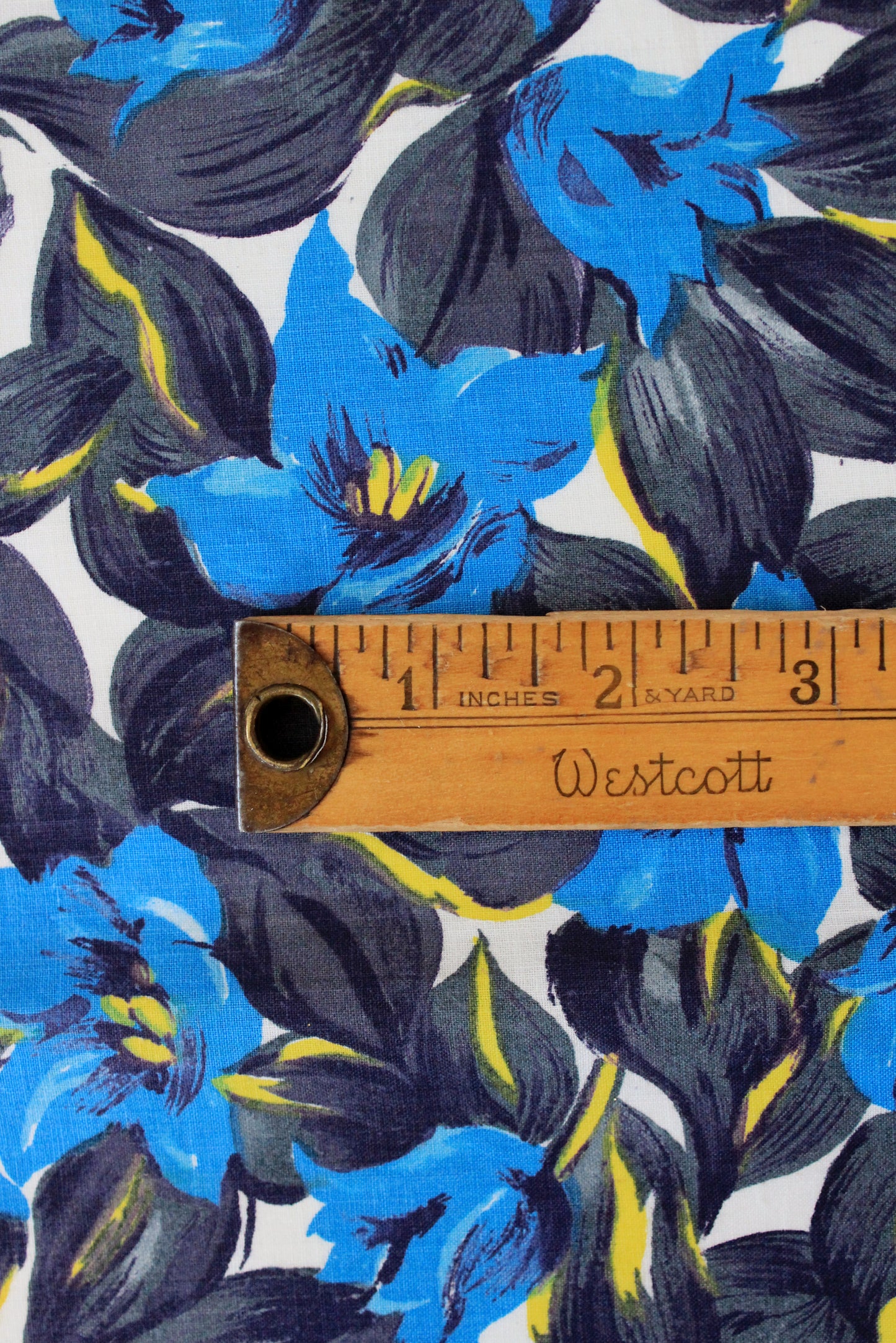 Vintage 1960s Blue And Black Abstract Floral Cotton Fabric, 4.1 Yards