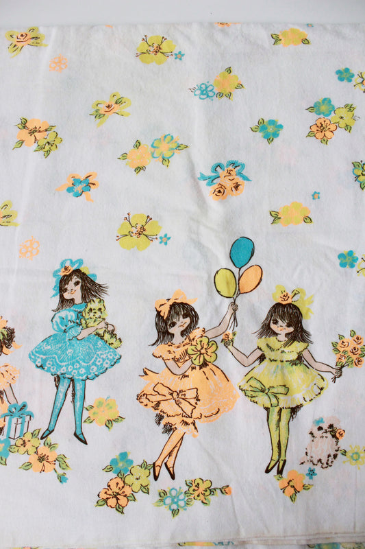 Vintage 1970s Neon Flower Girls Border Print, 3.6 Yards