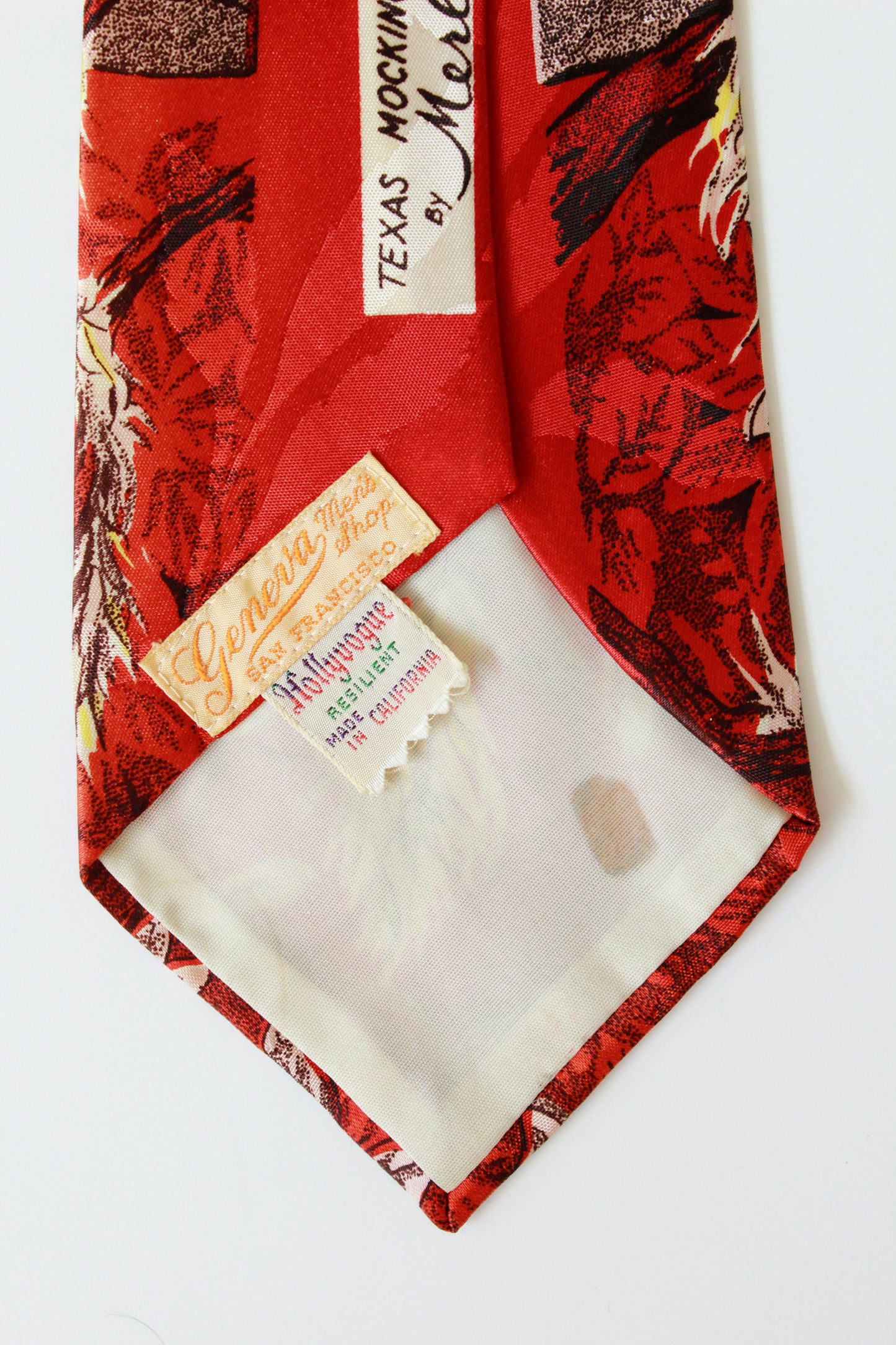 Vintage 1940s Rayon Tie With Red And Yellow Mockingbirds