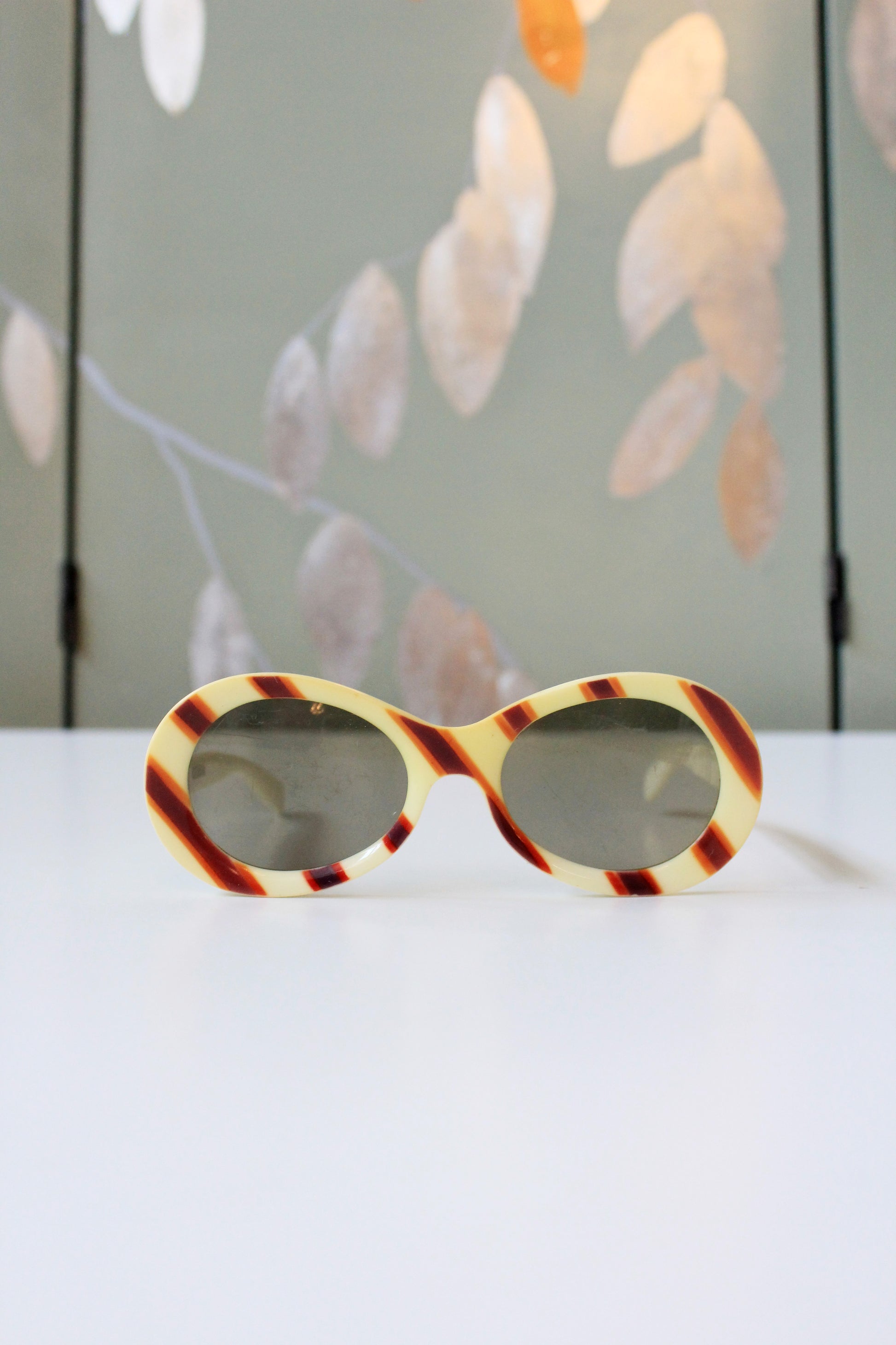 1960s Yellow And Brown Striped Round Sunglasses 