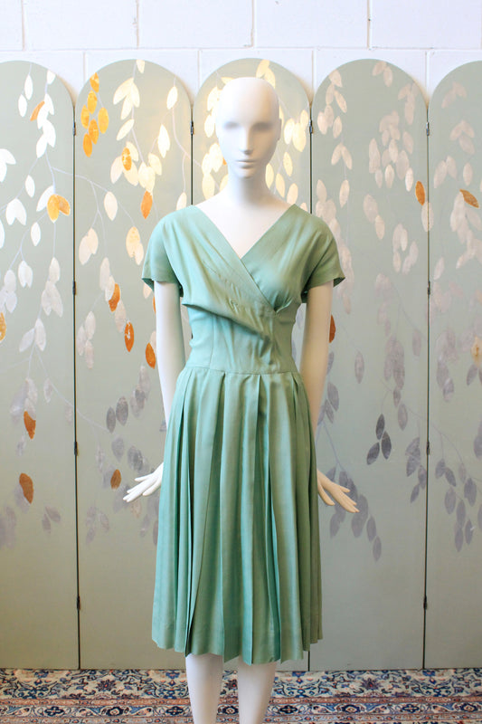 1950s Seafoam Green Short Sleeve Fit And Flare Dress, Small