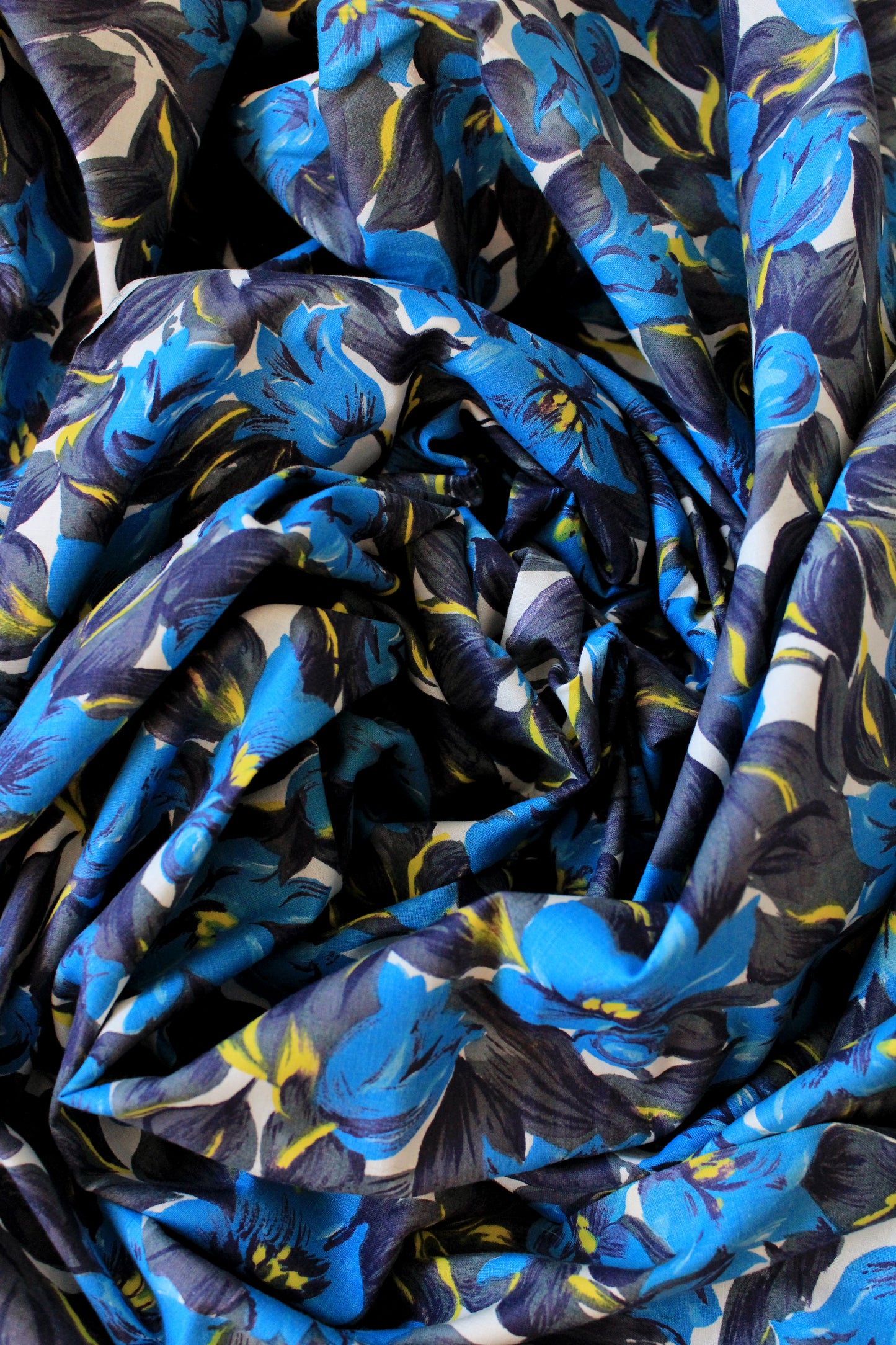 Vintage 1960s Blue And Black Abstract Floral Cotton Fabric, 4.1 Yards