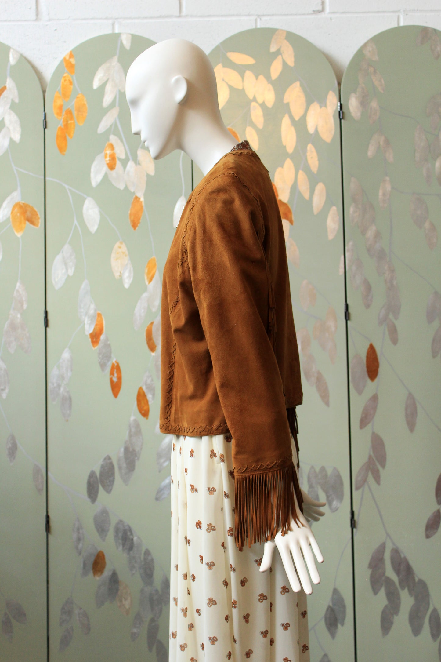 2010s Suede Tan Jacket With Fringe On Sleeves, Large
