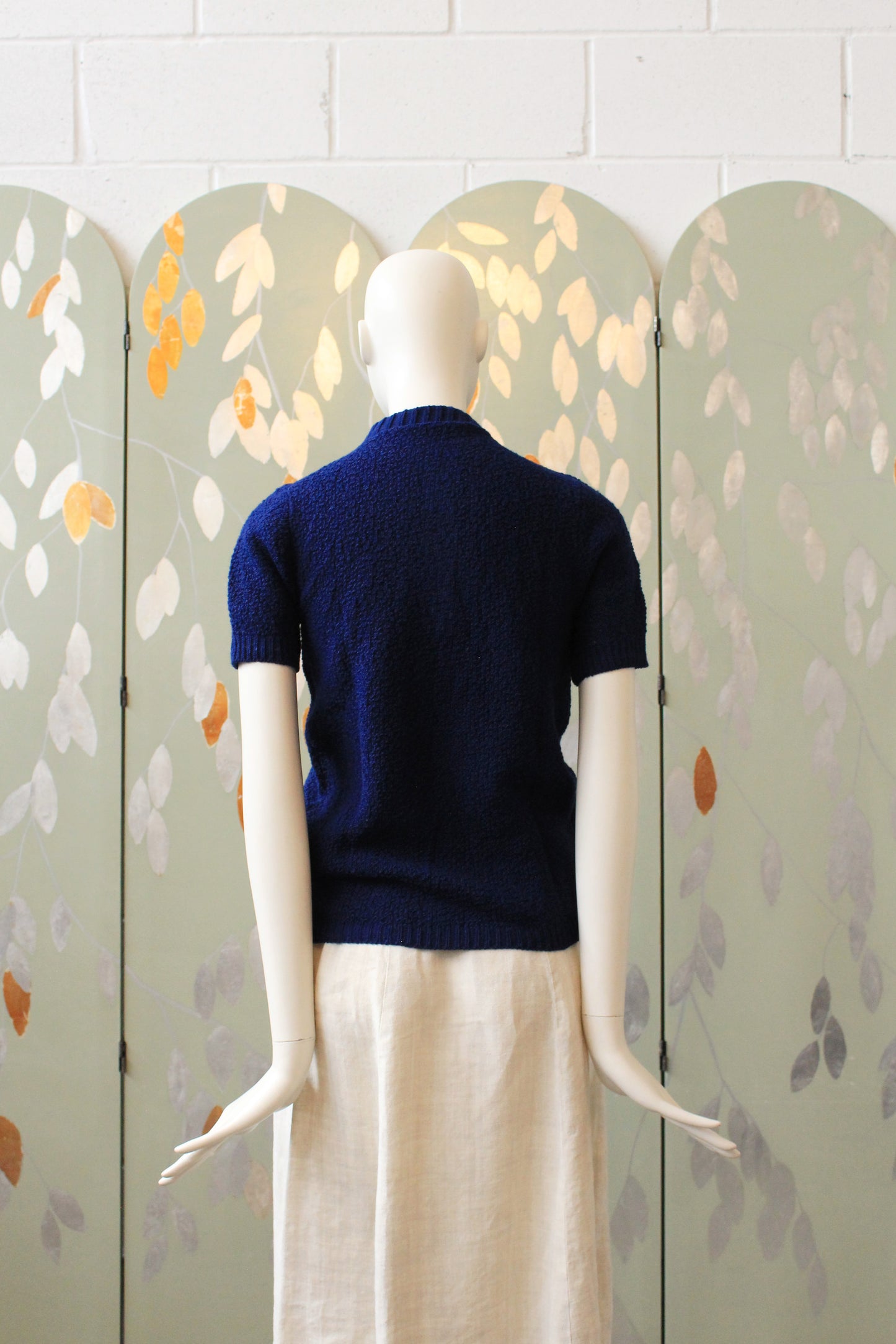 1970s Deadstock Short Sleeve Navy Blue Acrylic Knit Top With Zipper, Small