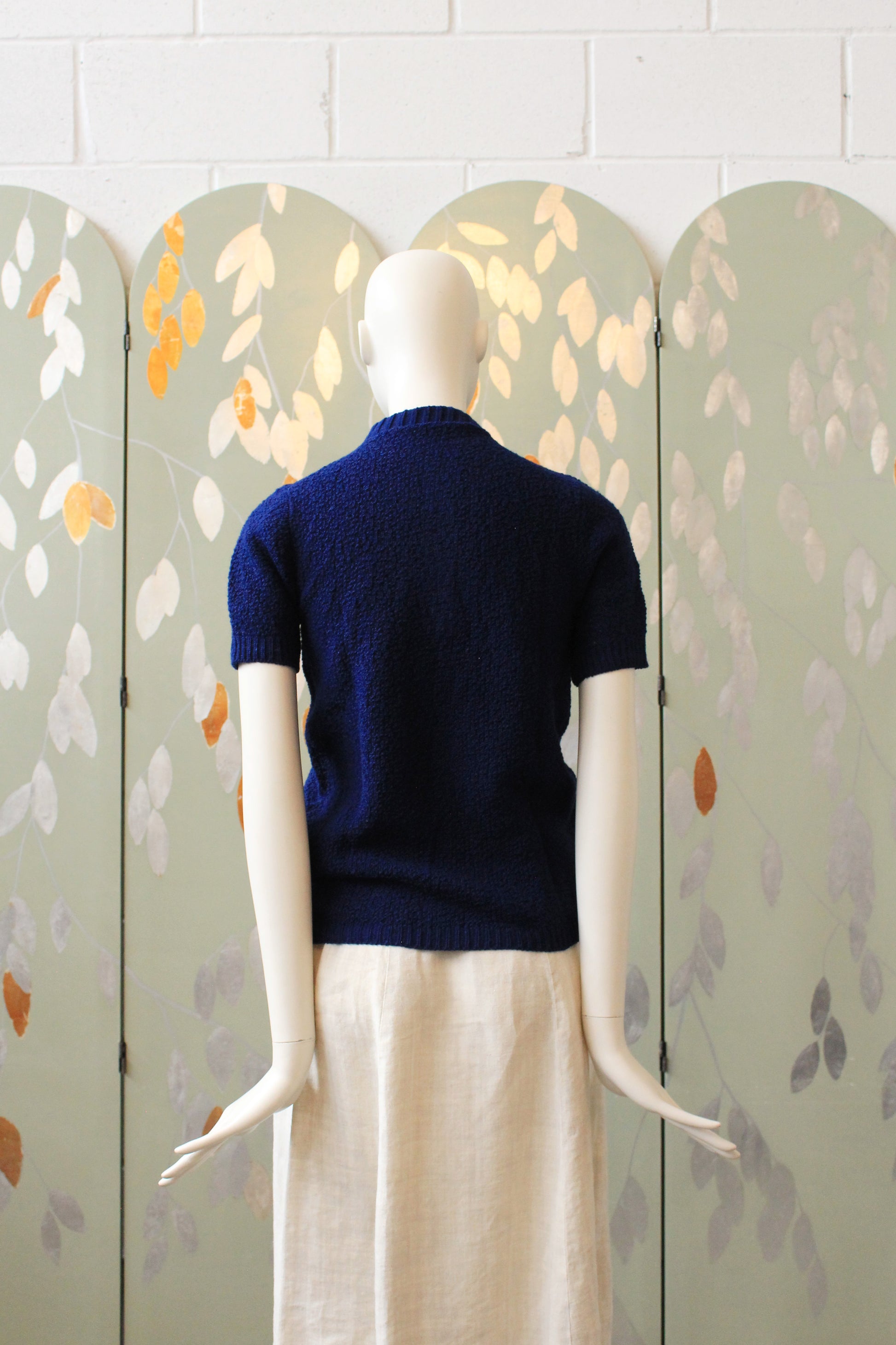 1970s Deadstock Short Sleeve Navy Blue Acrylic Knit Top With Zipper, Small