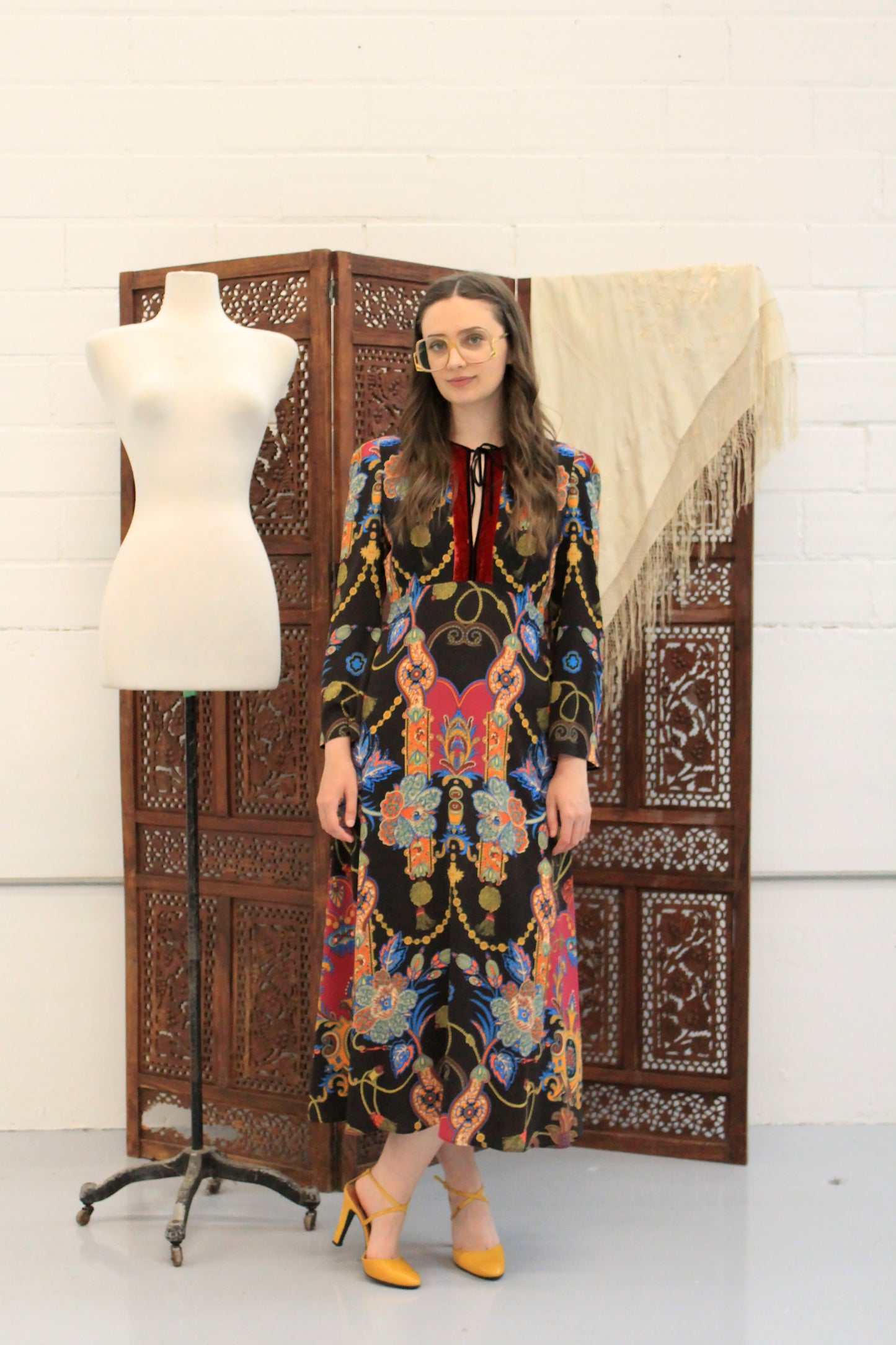 Etro Black Printed Sheer Boho Long Sleeve Midi Dress, Small 