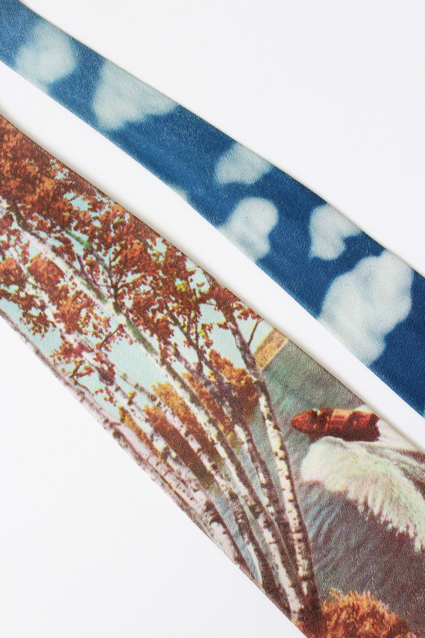 Vintage 1950s Rayon Photo Tie With Speed Boat and Autumn Trees, Mid Century 