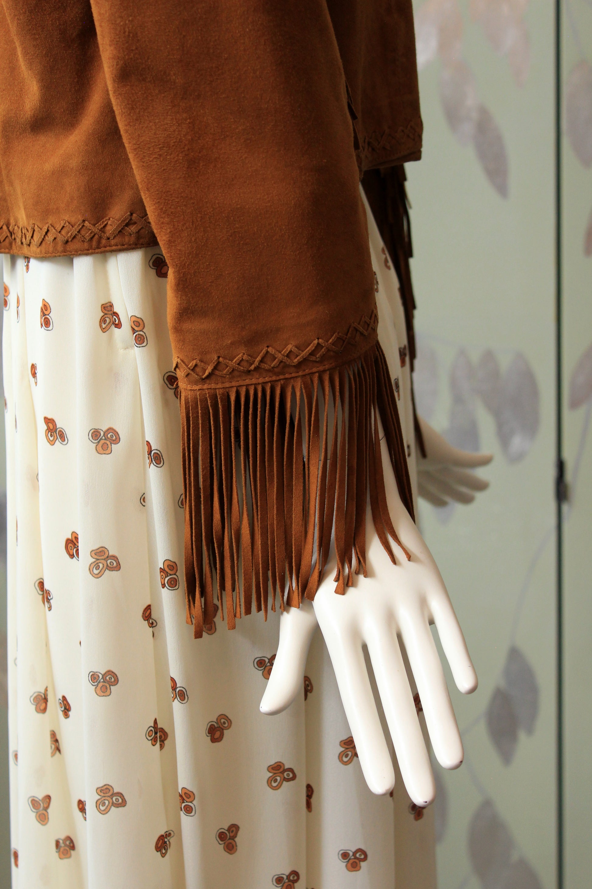 2010s Suede Tan Jacket With Fringe On Sleeves, Large