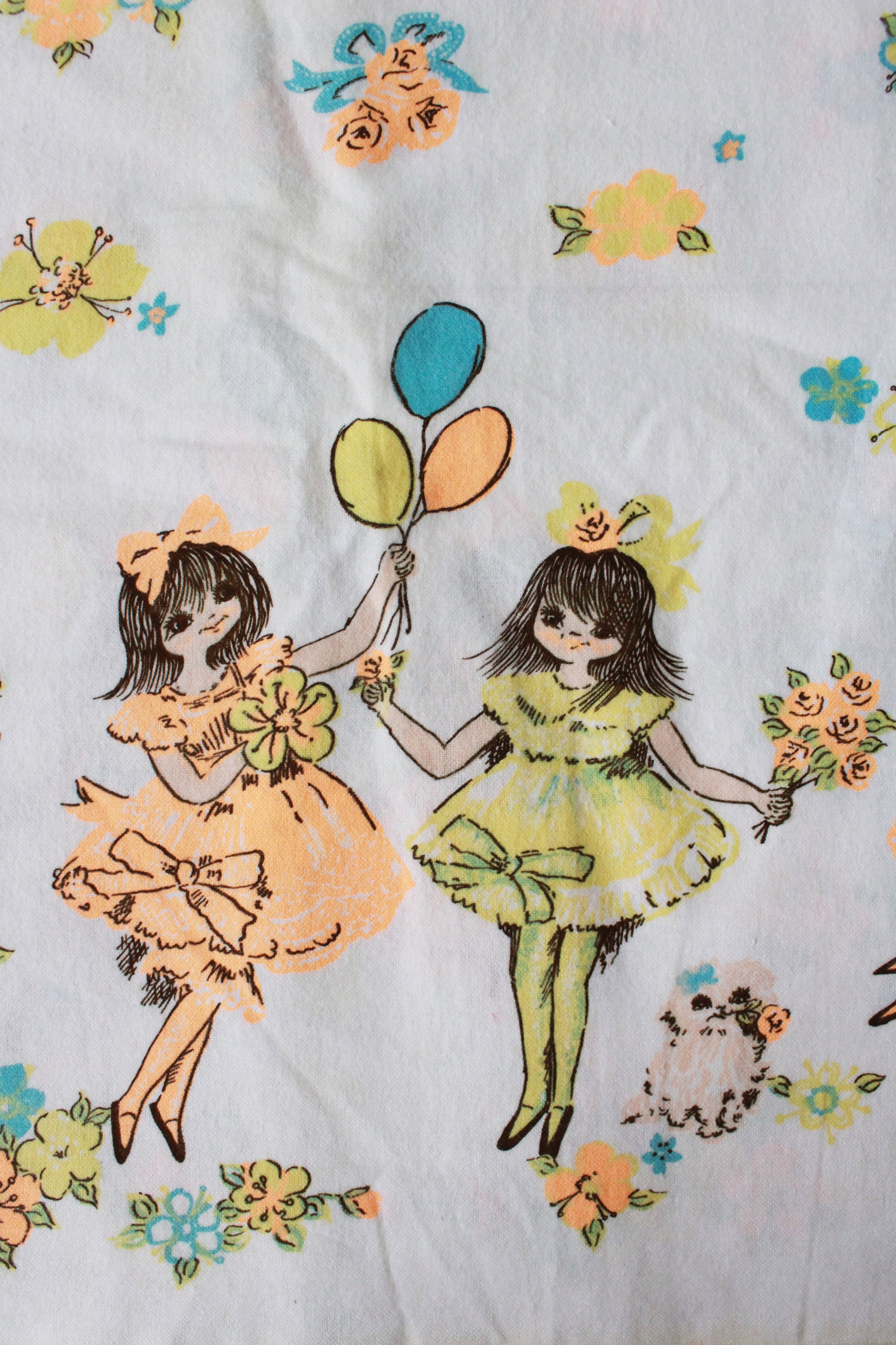 Vintage 1970s Neon Flower Girls Border Print, 3.6 Yards