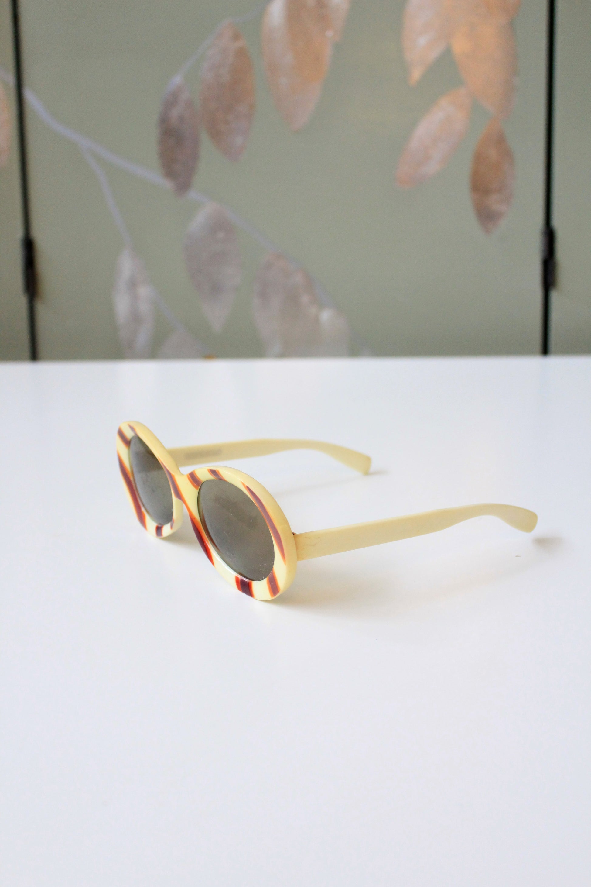 1960s Yellow And Brown Striped Round Sunglasses 
