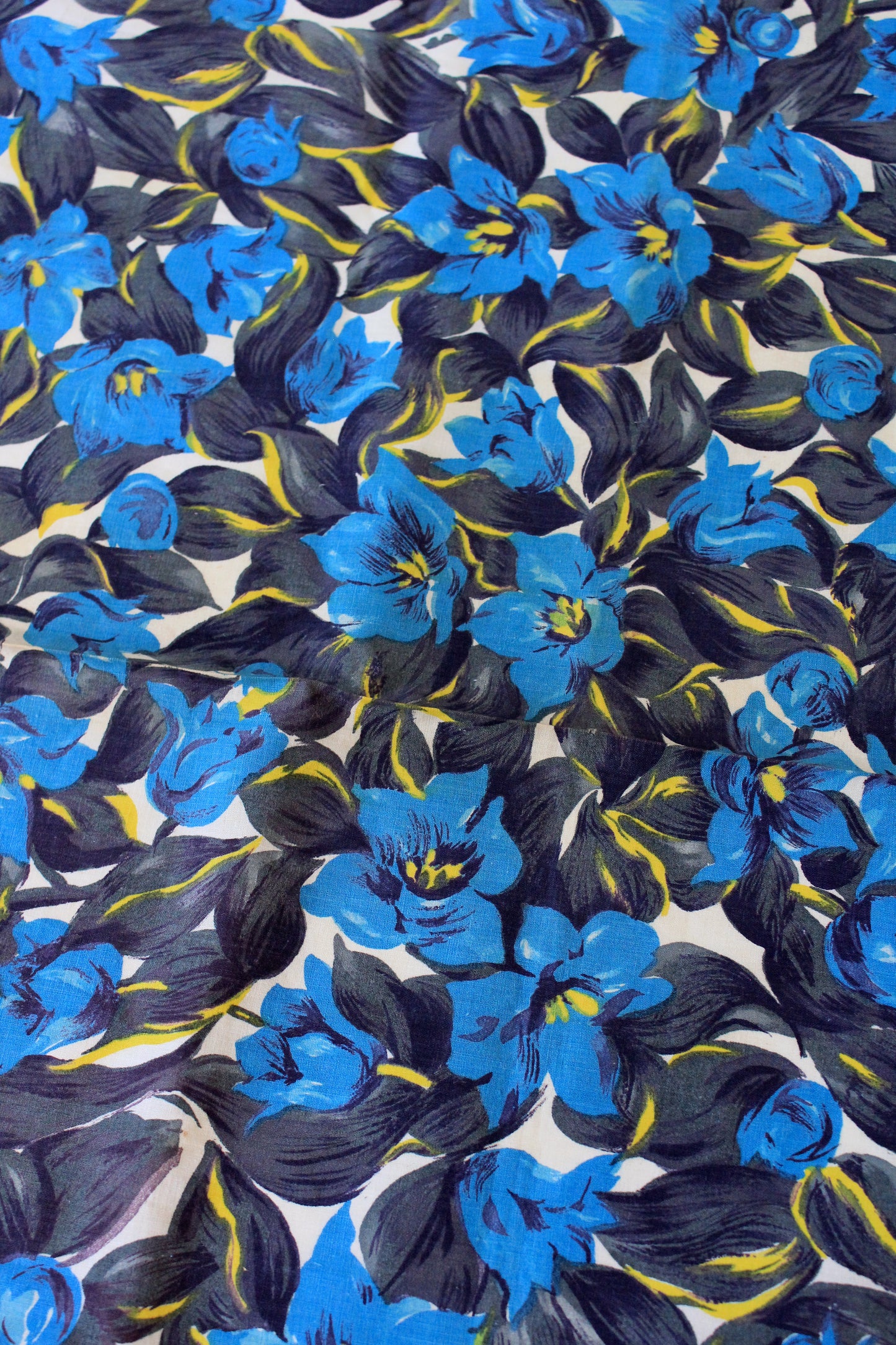 Vintage 1960s Blue And Black Abstract Floral Cotton Fabric, 4.1 Yards