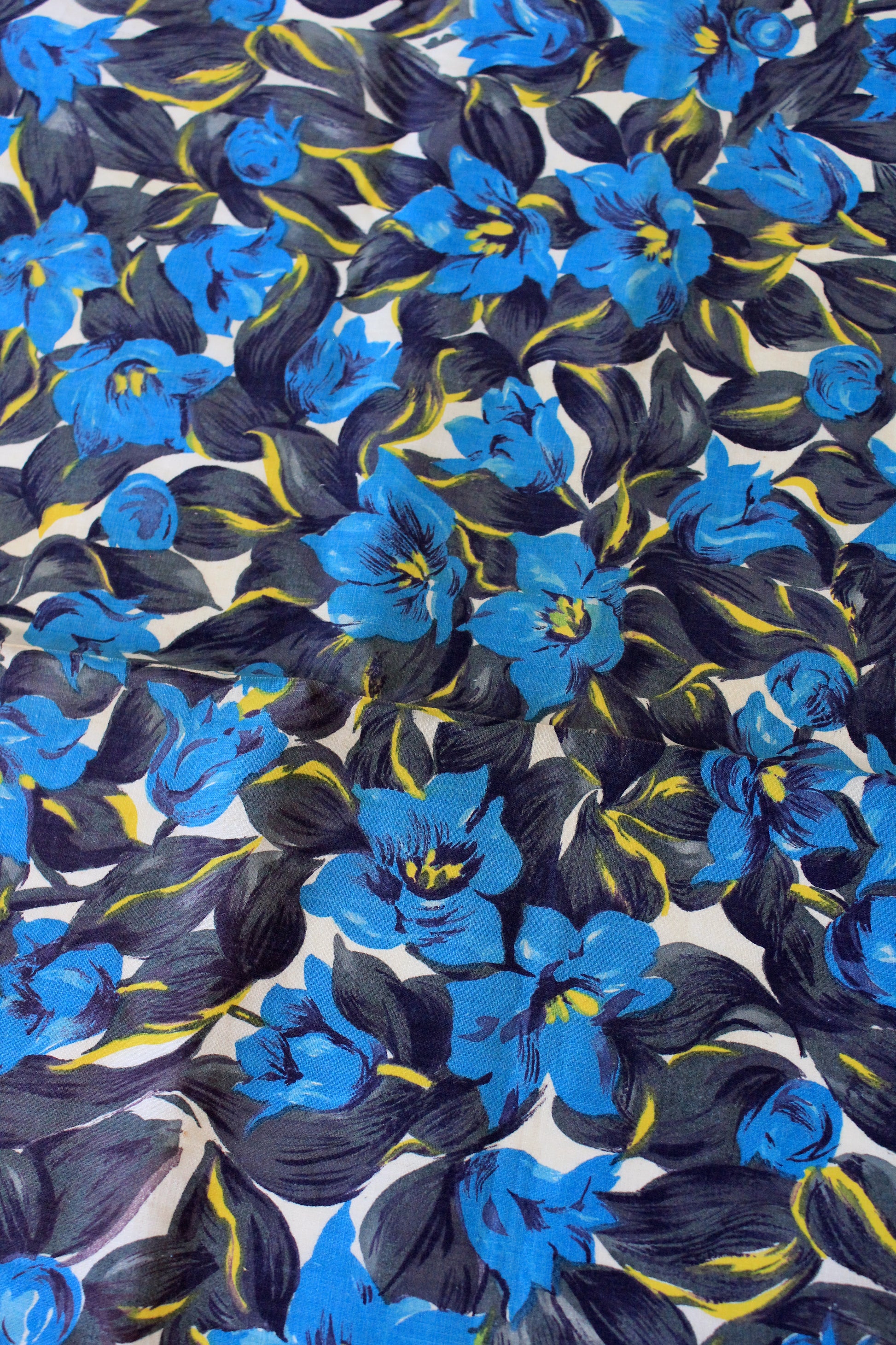 Vintage 1960s Blue And Black Abstract Floral Cotton Fabric, 4.1 Yards