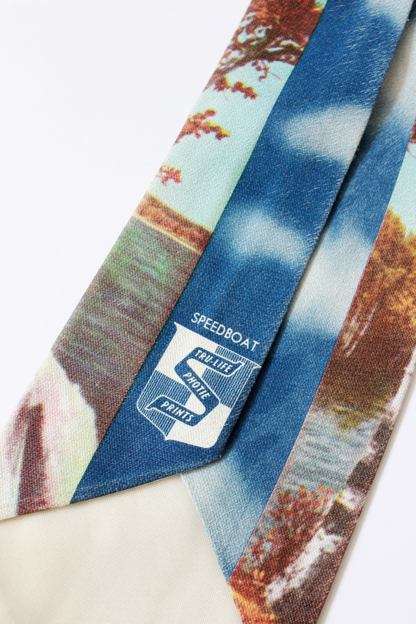 Vintage 1950s Rayon Photo Tie With Speed Boat and Autumn Trees, Mid Century 