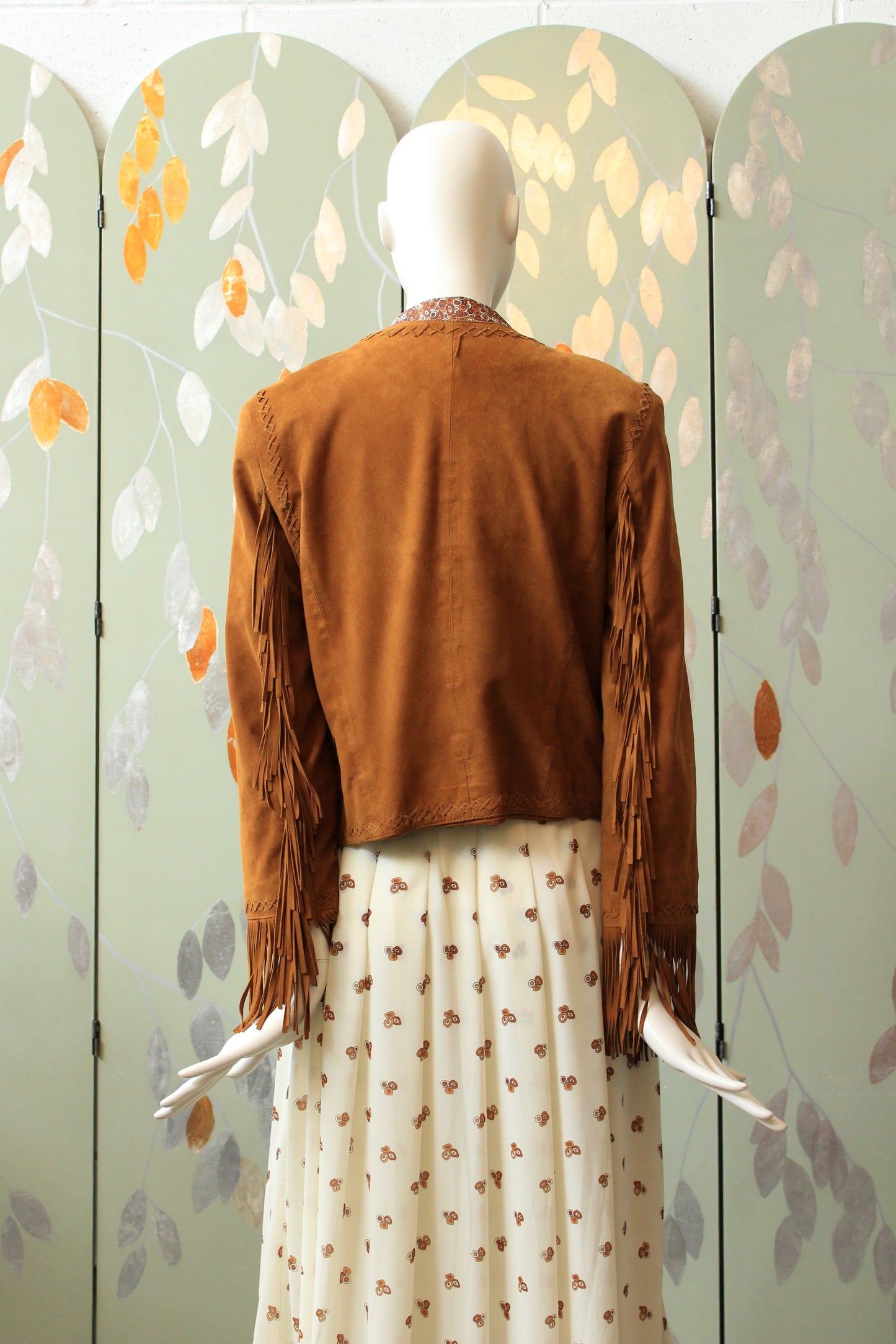 2010s Suede Tan Jacket With Fringe On Sleeves, Large