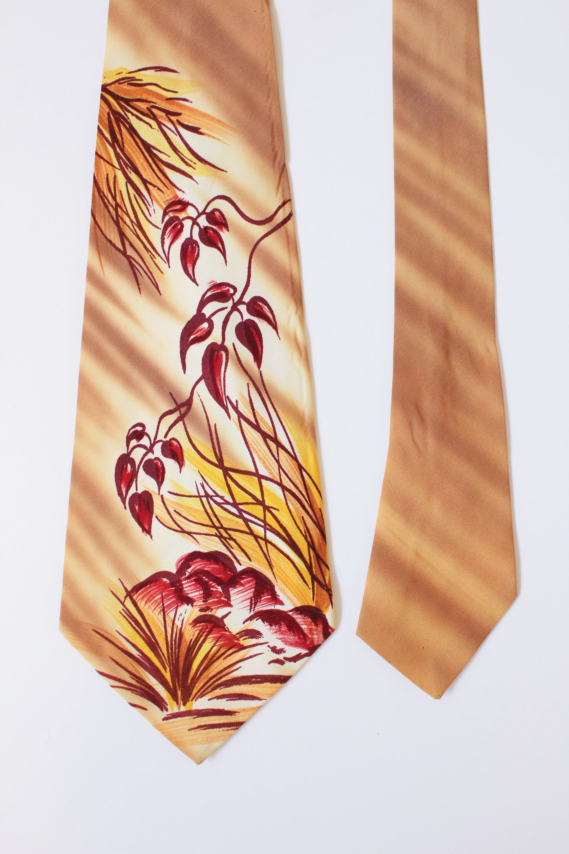 Vintage 1940s Mustard Yellow and Burgundy Pond leaves Hand Painted Tie