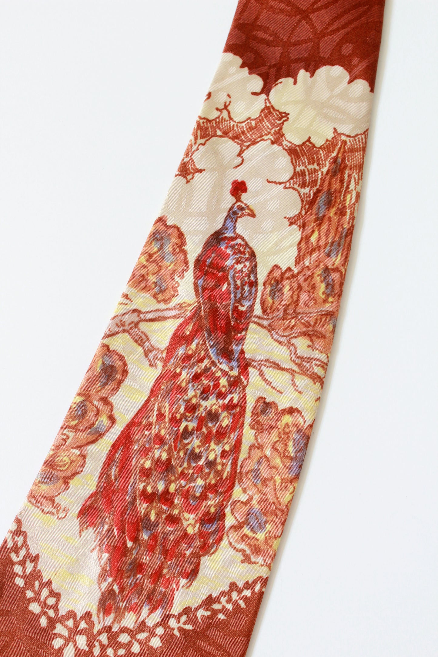 Vintage 1940s Peacock Tie In Brick Orange, Rayon Legath Hand Painted Tie