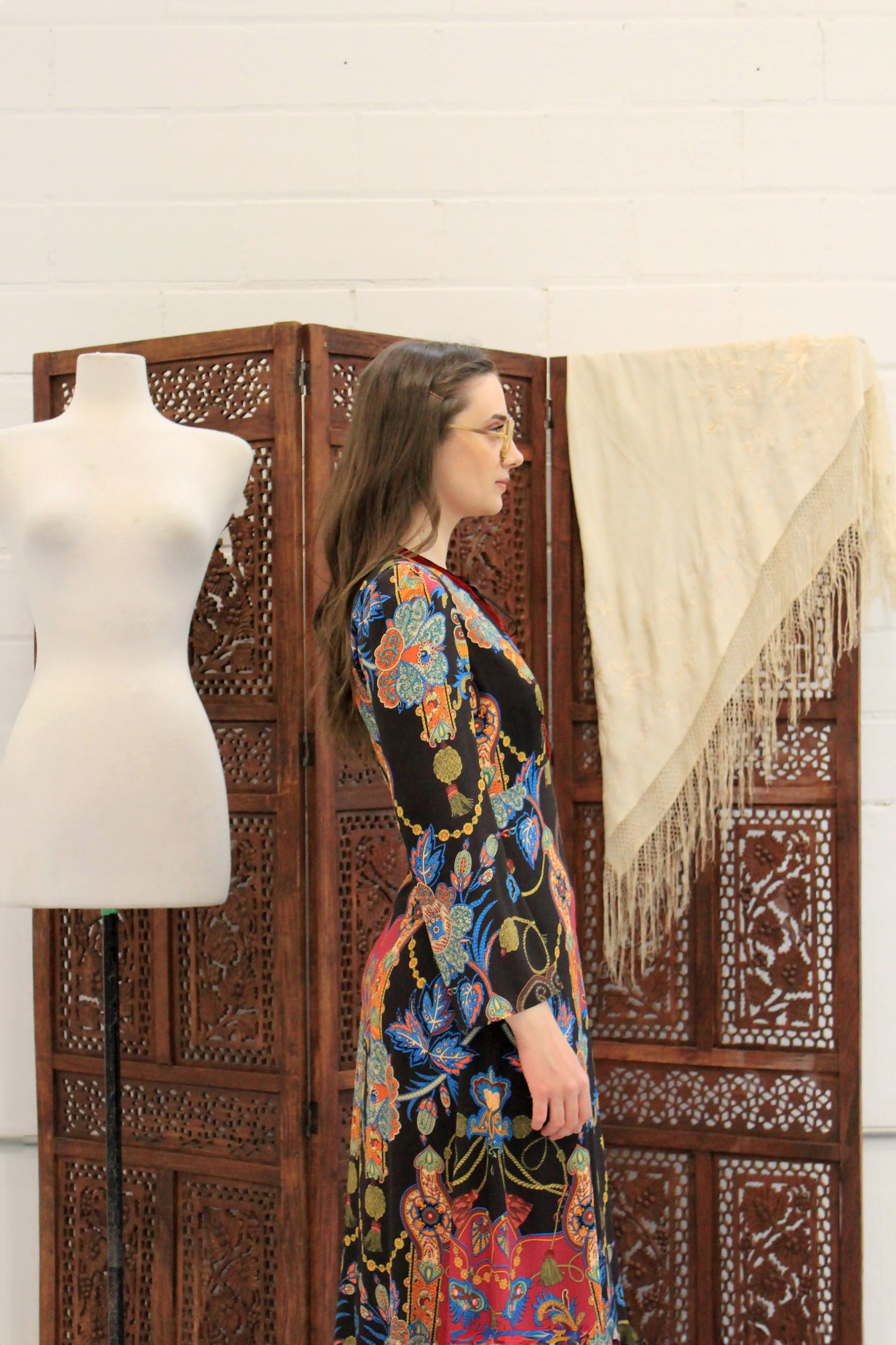 Etro Black Printed Sheer Boho Long Sleeve Midi Dress, Small 