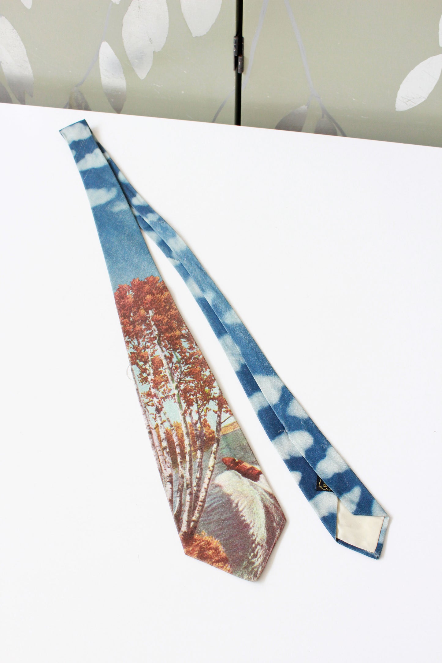 Vintage 1950s Rayon Photo Tie With Speed Boat and Autumn Trees, Mid Century 