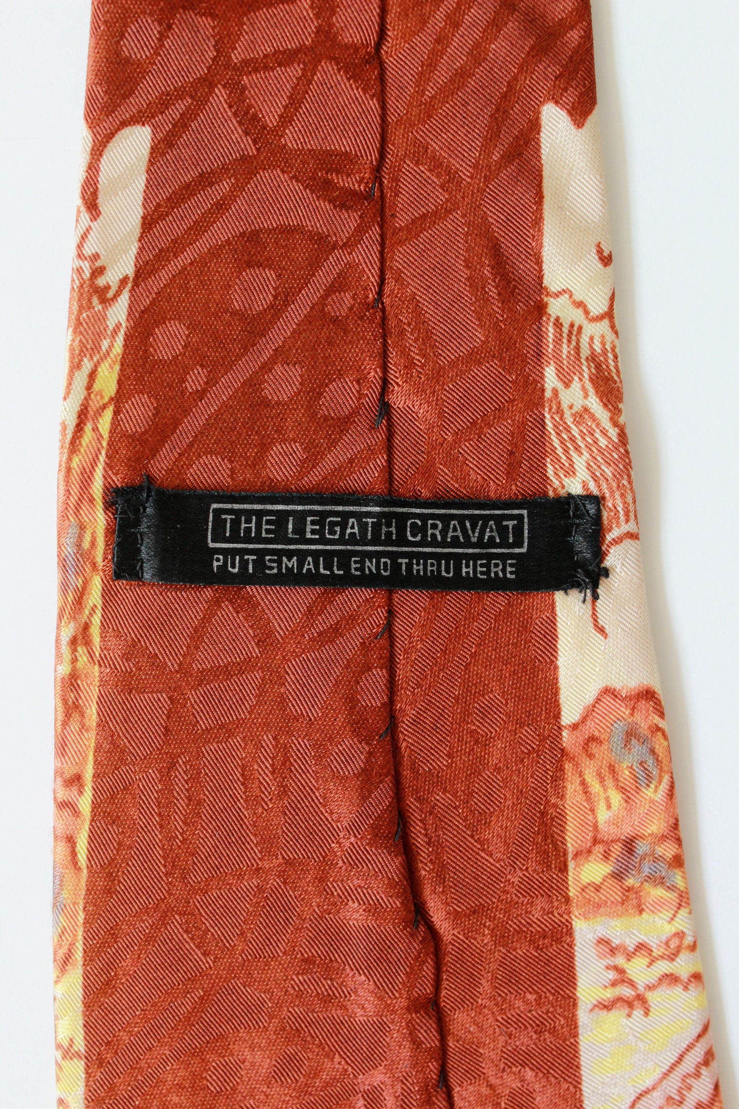 Vintage 1940s Peacock Tie In Brick Orange, Rayon Legath Hand Painted Tie