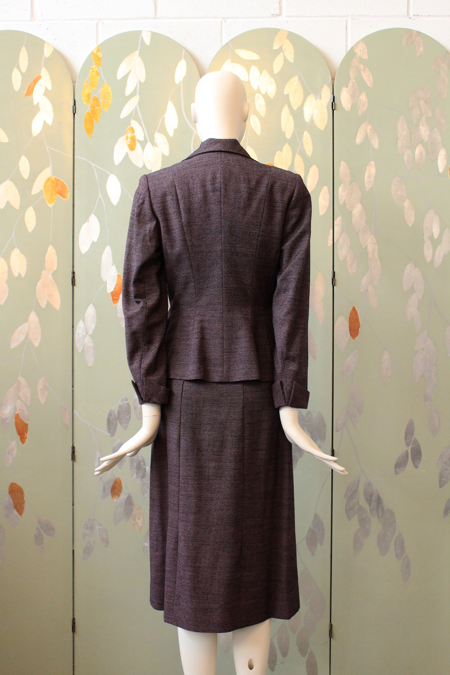 Vintage 1950s Purple/Black Small Button Virgin Wool Skirt Suit Set, XS