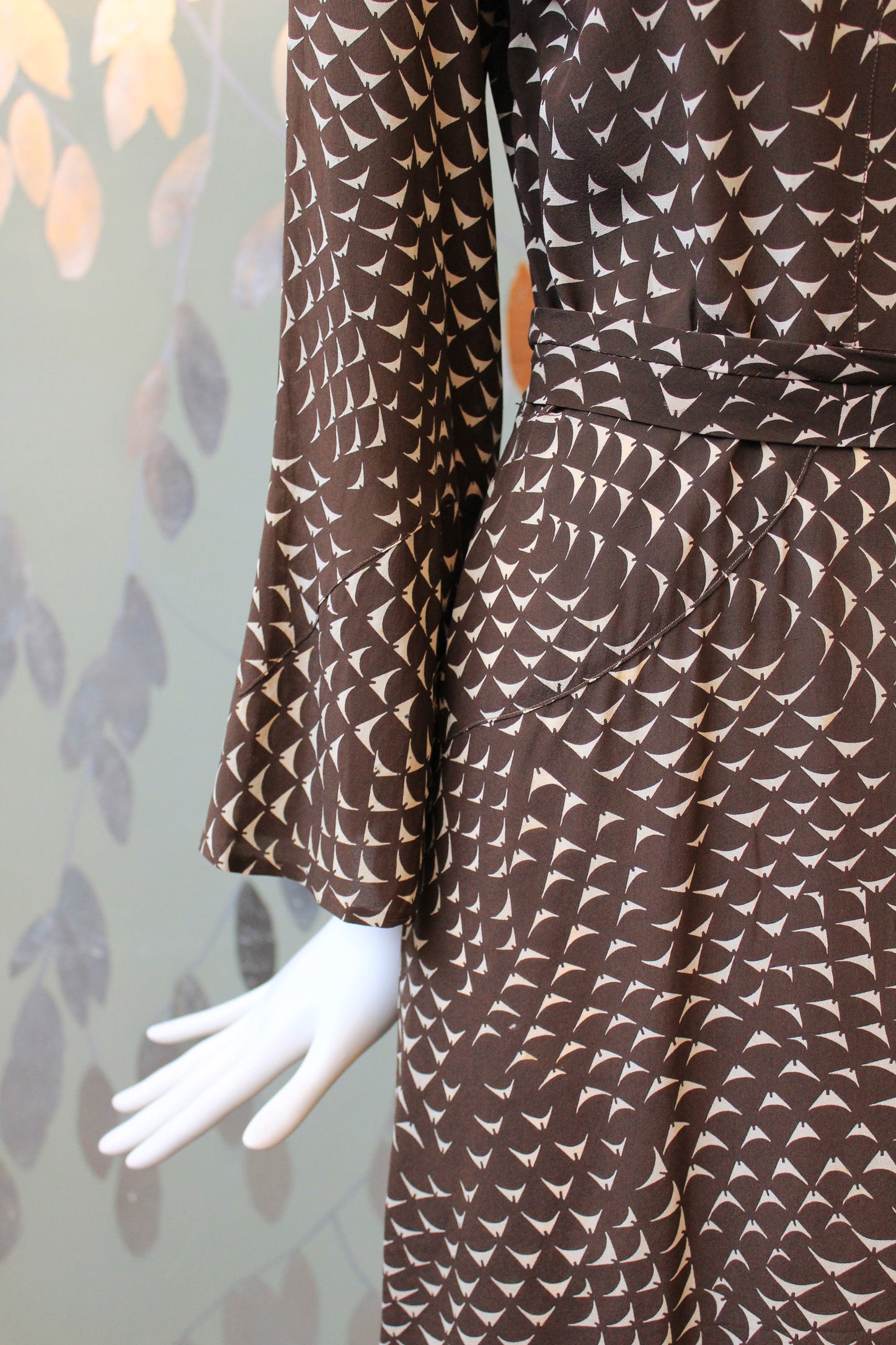 1930s Brown And Cream Abstract Print Silk Day Dress With Flared Sleeves, XS