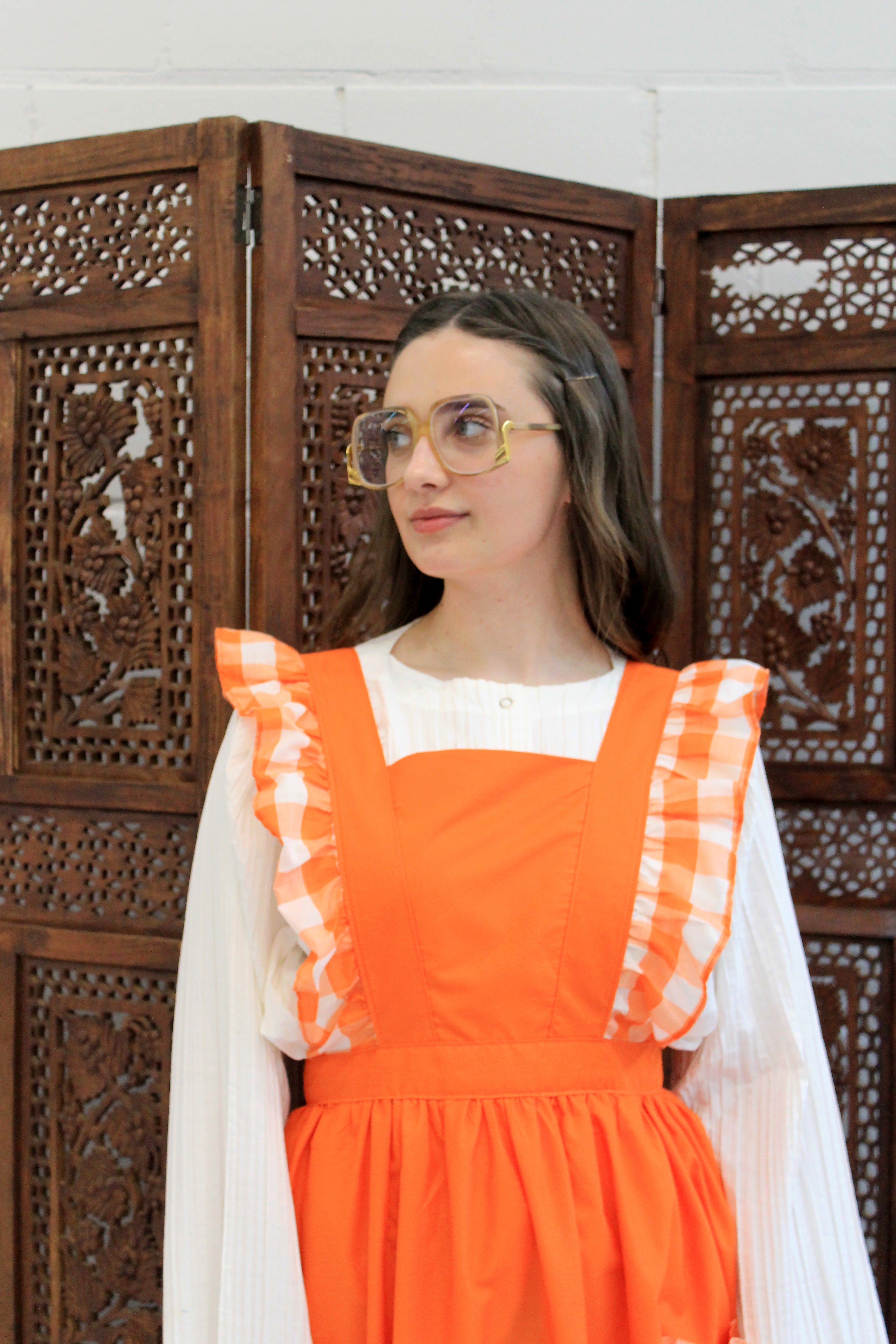 Vintage 1970s Orange Gingham Pinafore Apron with Ruffles, Medium
