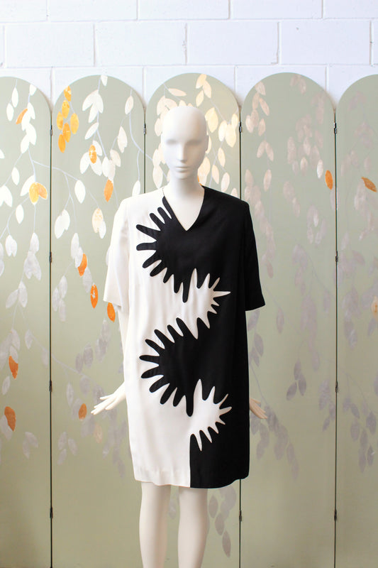 1980s Black And White Graphic Splatter Shift Dress, Medium