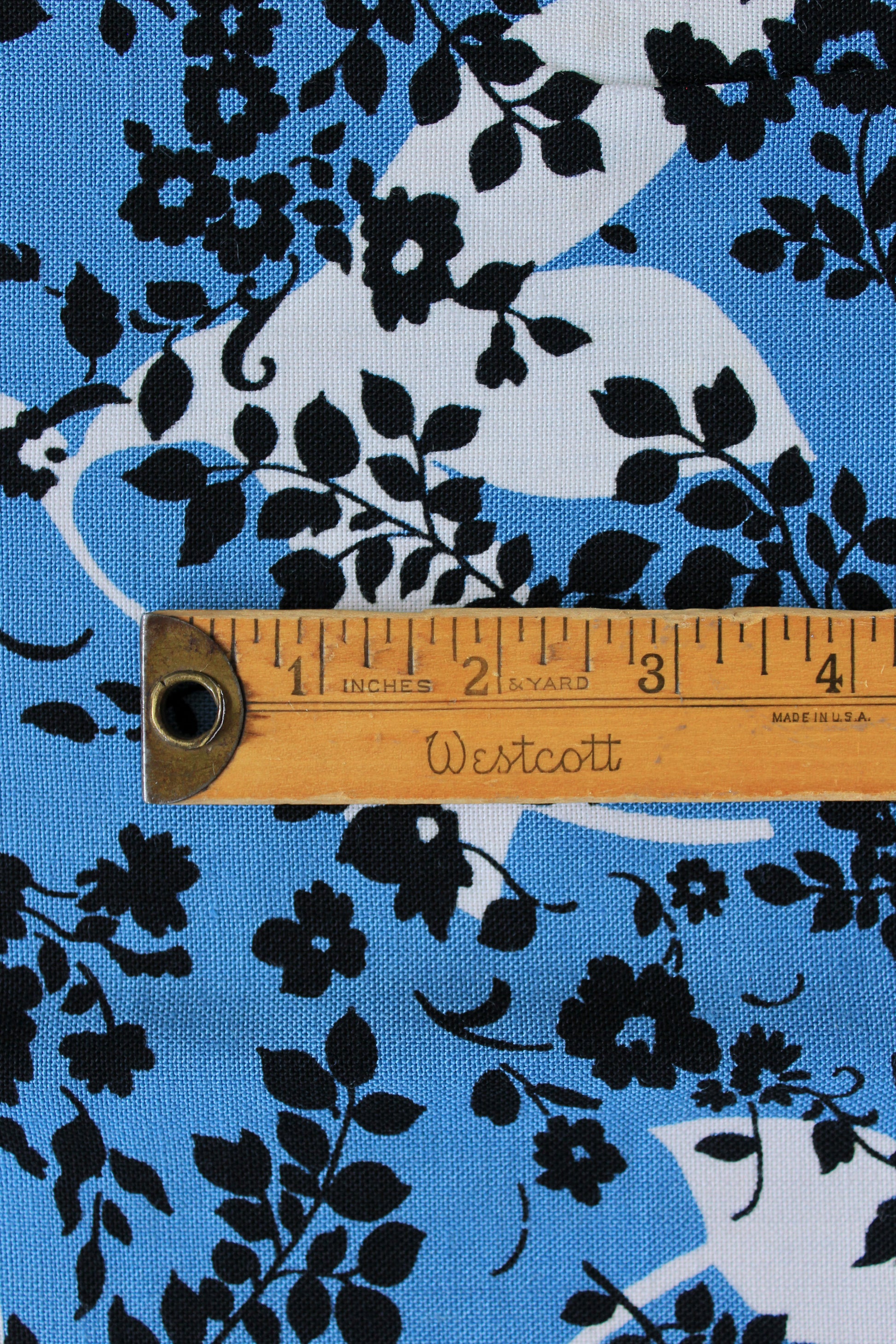1950s Black and Medium Blue Silhouette Leaves And Flowers, Cotton/Rayon Fabric,  4 Yards