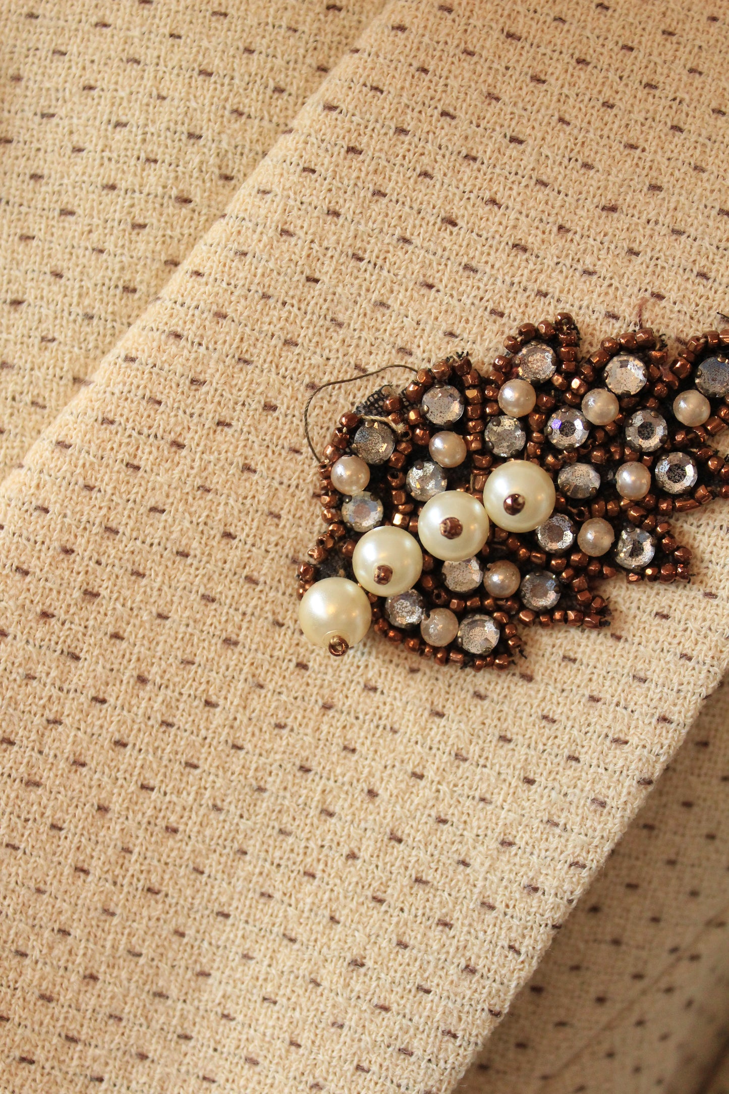 Vintage 1950s Cream and Brown Dot Skirt Suit Set With Leaf Embellishment, XS