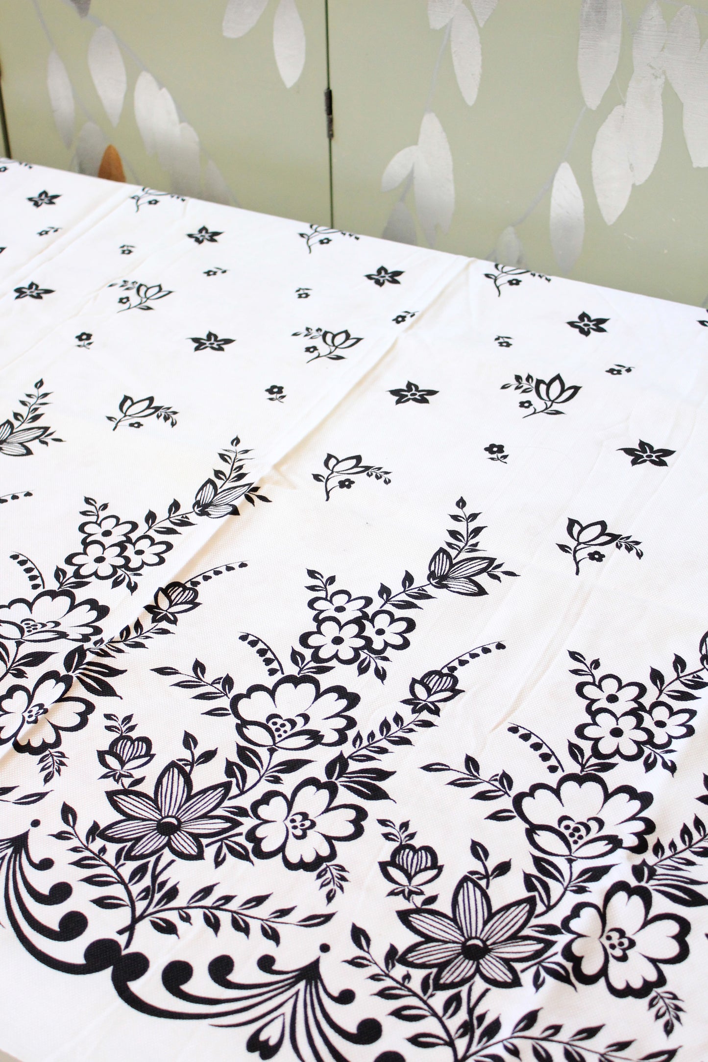 1980s Black And White Large Illustrated Floral Border Print Fabric, 3.9 Yards