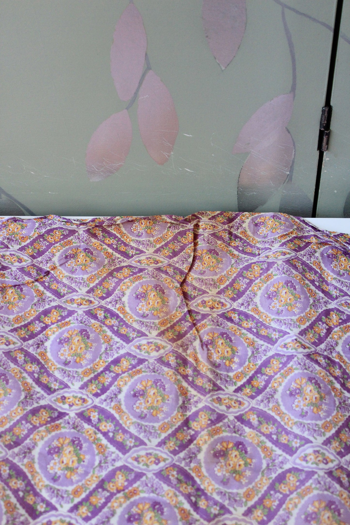 1930s Purple Cotton Sewing Fabric With Orange Flowers , 3.4 Yards