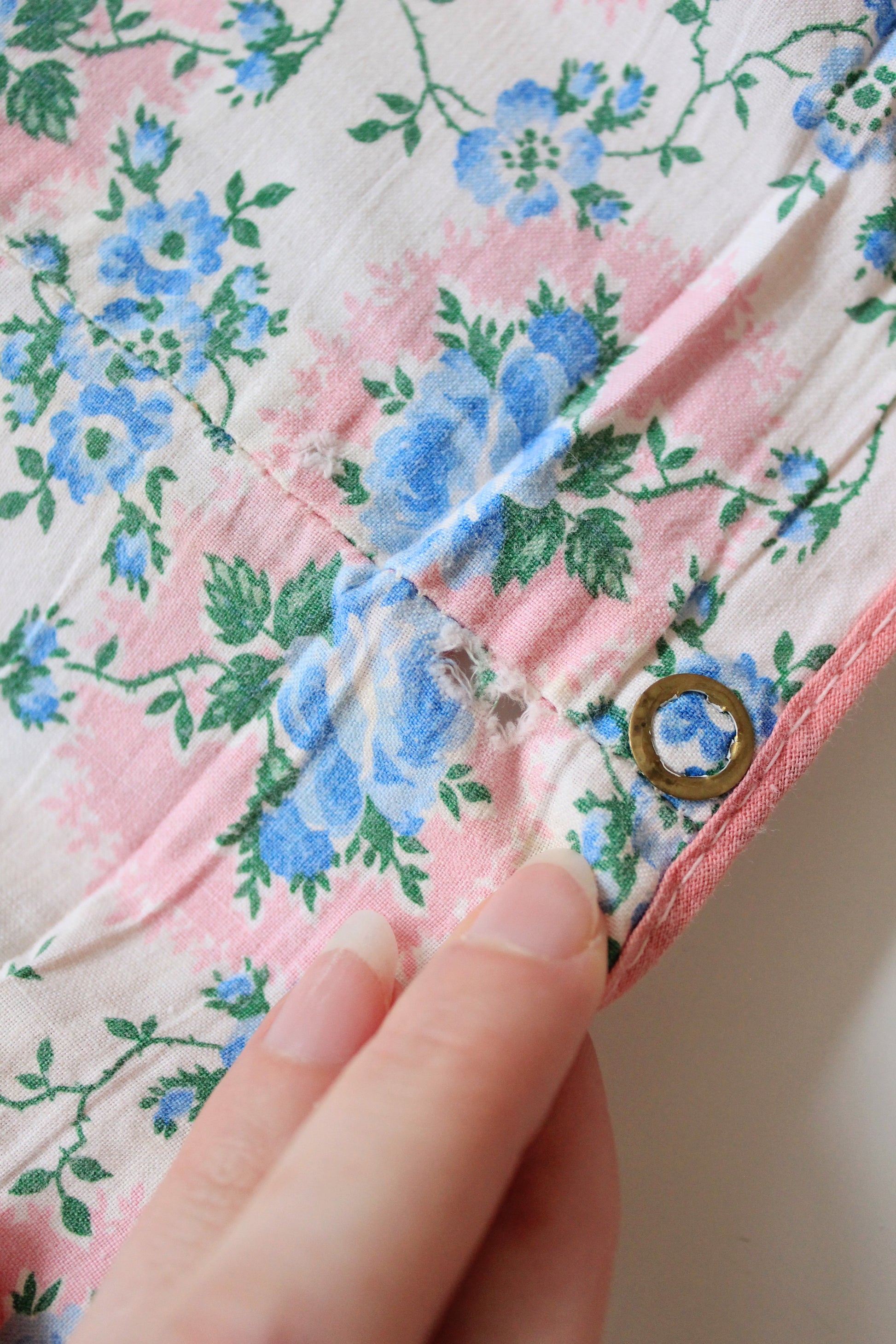 1950s Light Blue And Pink Floral Cotton Duvet Cover, 4.4 Yards Of Fabric