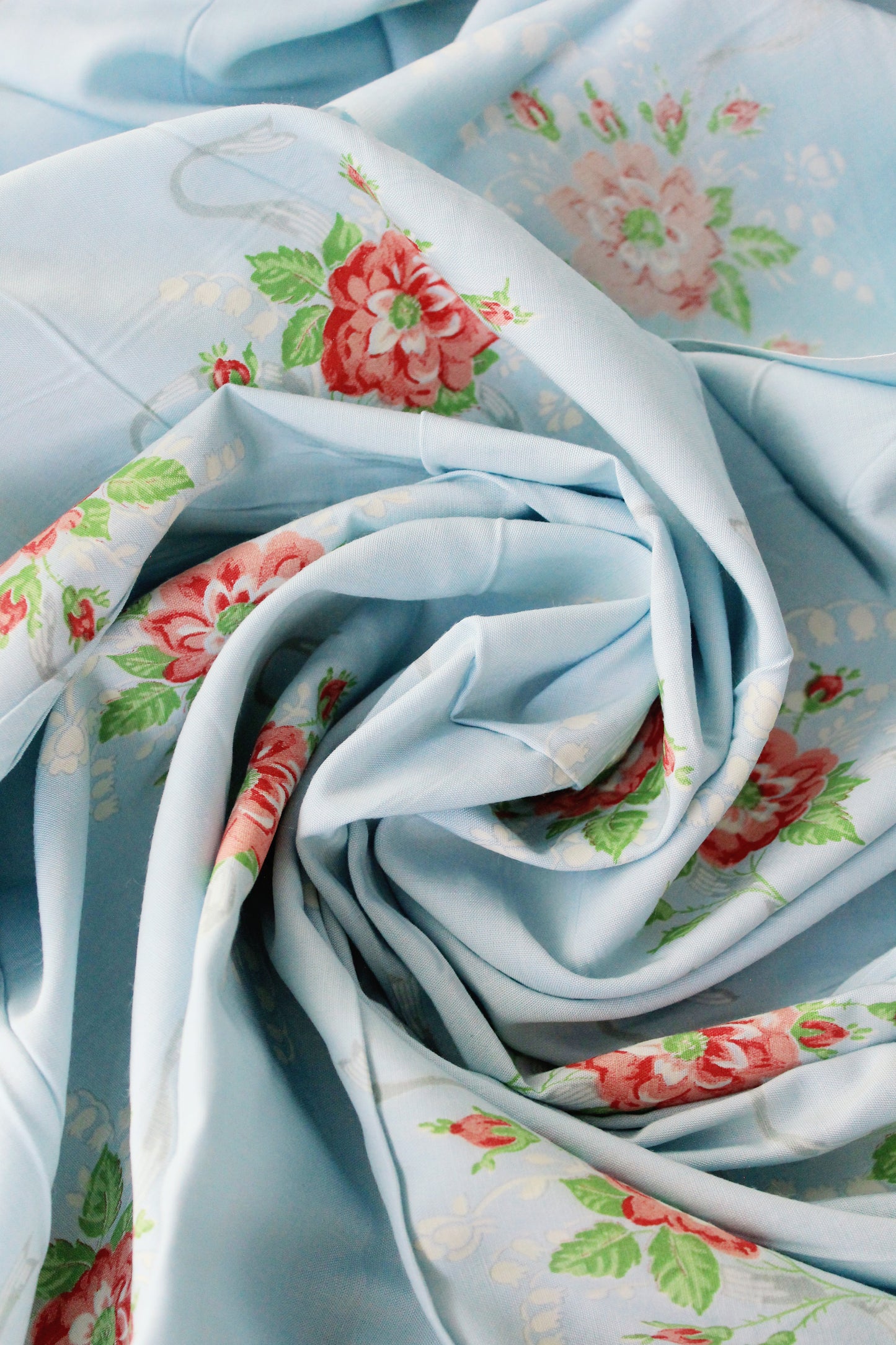 1940s Light Blue Cotton Fabric With Pink Flowers, 9 Yards