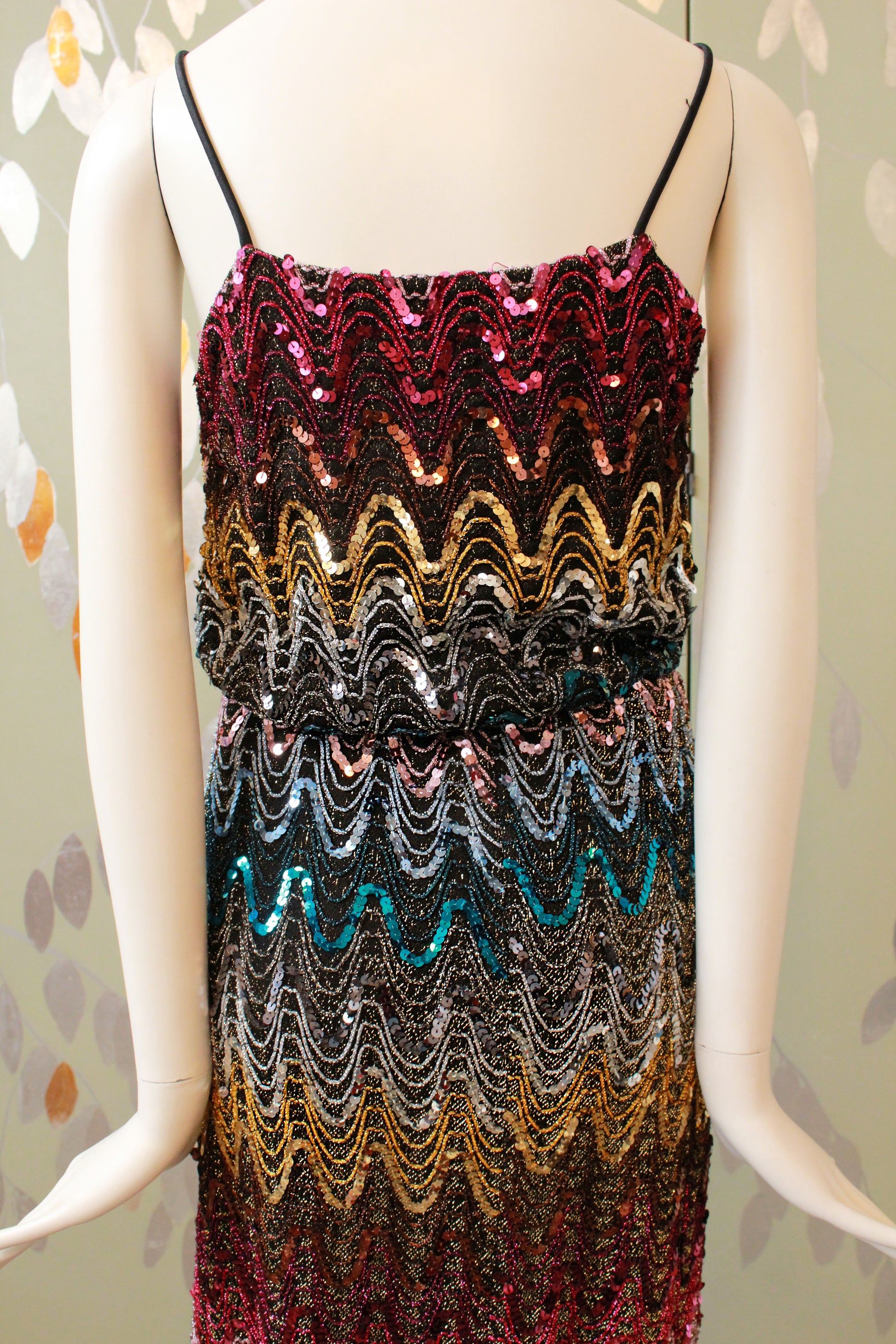 Vintage 1970s Sparkly Sequin Rainbow Spaghetti Strap Disco Dress, XS