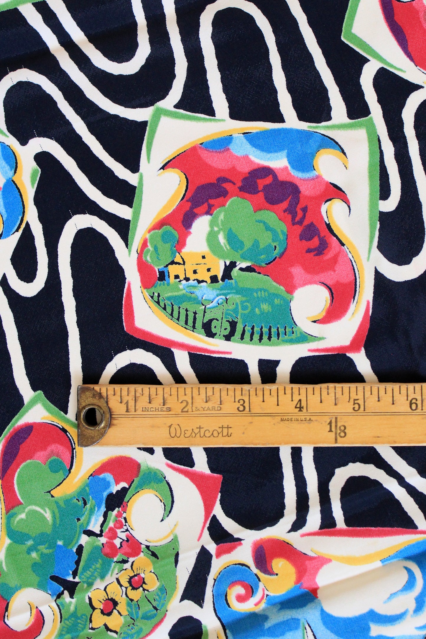 1940s Navy Blue Picture Paintings Multicoloured Rayon Fabric, 2.5 Yards