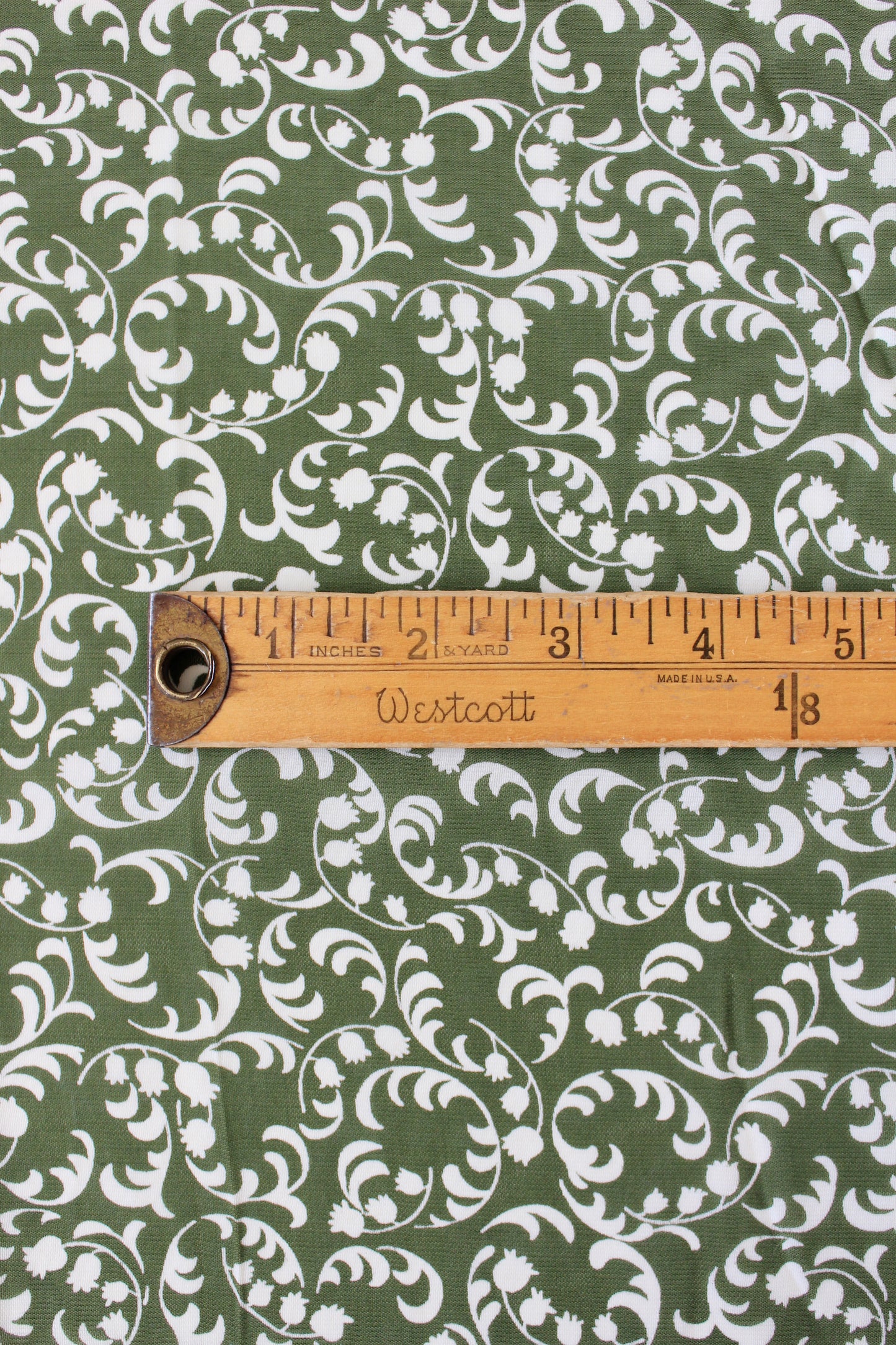 1940s Green And White Vine Pattern Summer Rayon Fabric, 4 Yards