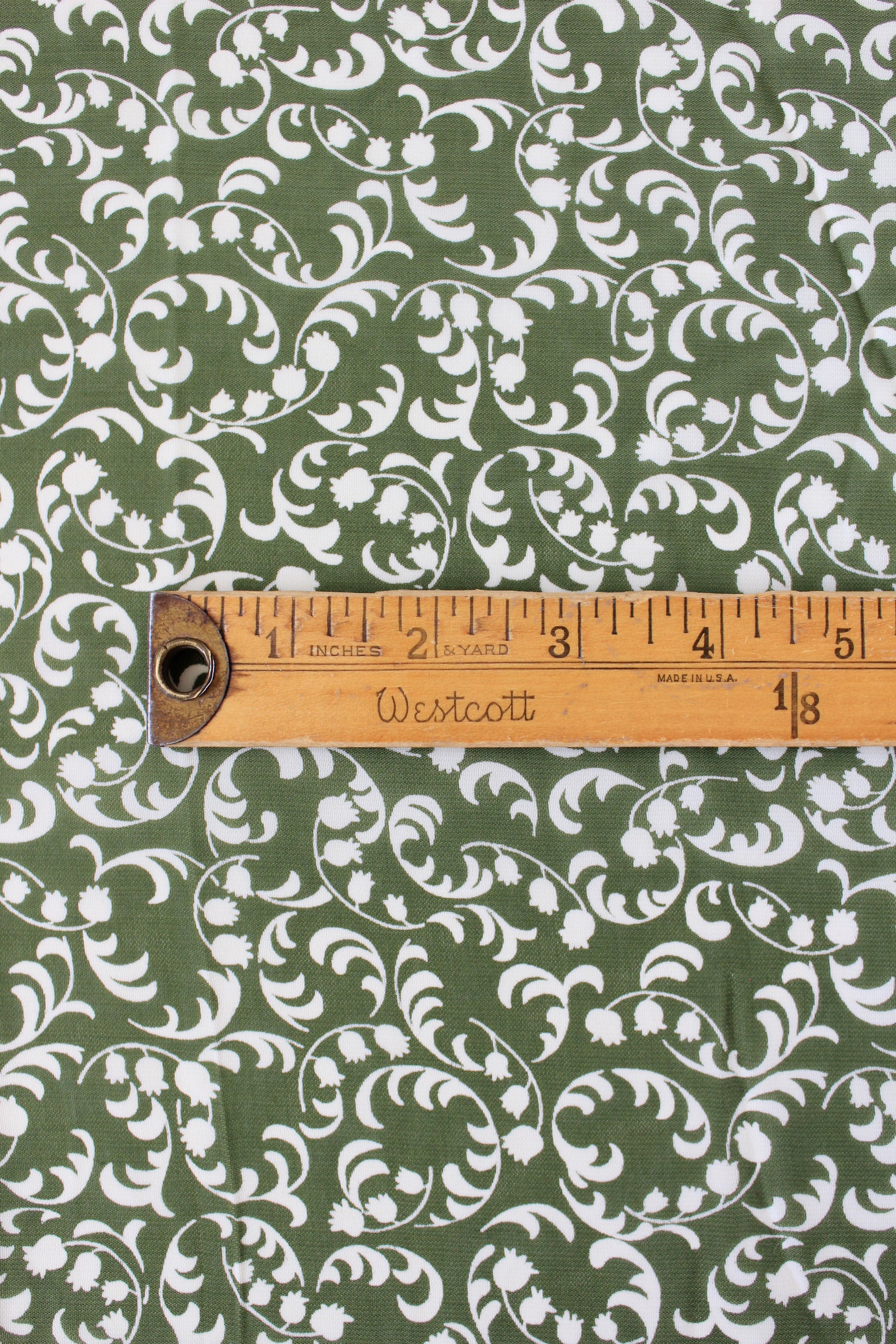 1940s Green And White Vine Pattern Summer Rayon Fabric, 4 Yards