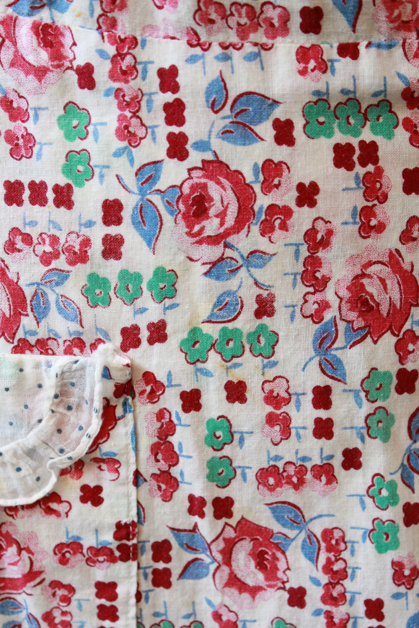 1940s  Floral Cotton Wrap House Dress With Embroidery, Medium
