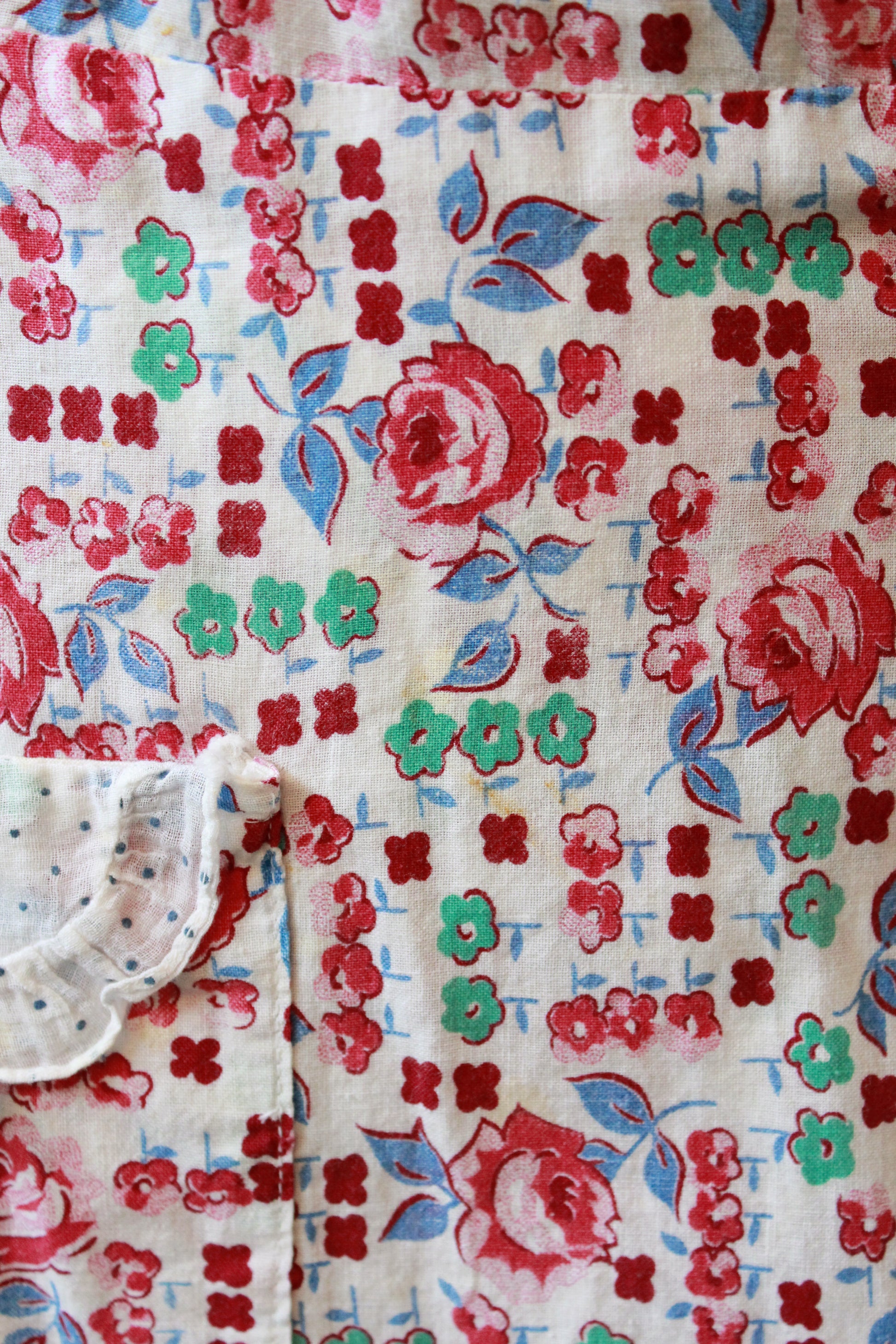 1940s  Floral Cotton Wrap House Dress With Embroidery, Medium