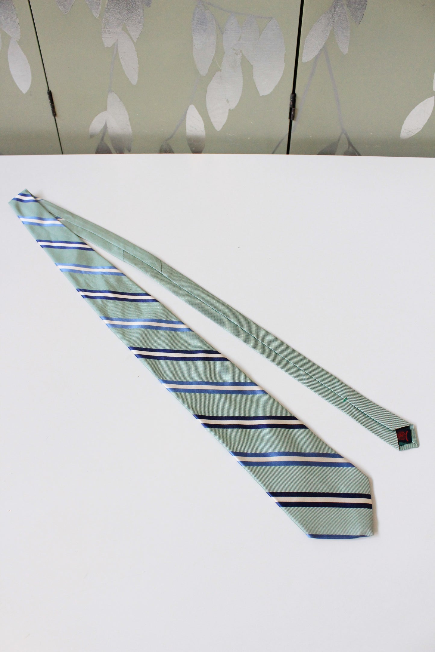 1990s Tommy Hilfiger Green And Blue Striped Designer Silk Tie 