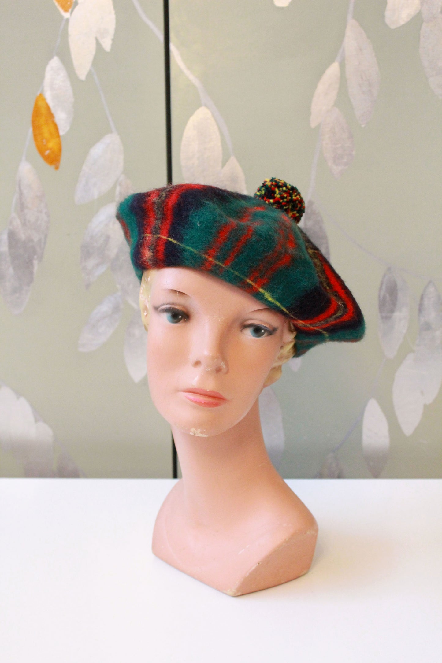 Vintage 1960s 100% Wool Erracht Cameron Plaid Beret With Pom Pom, Made In Scotland