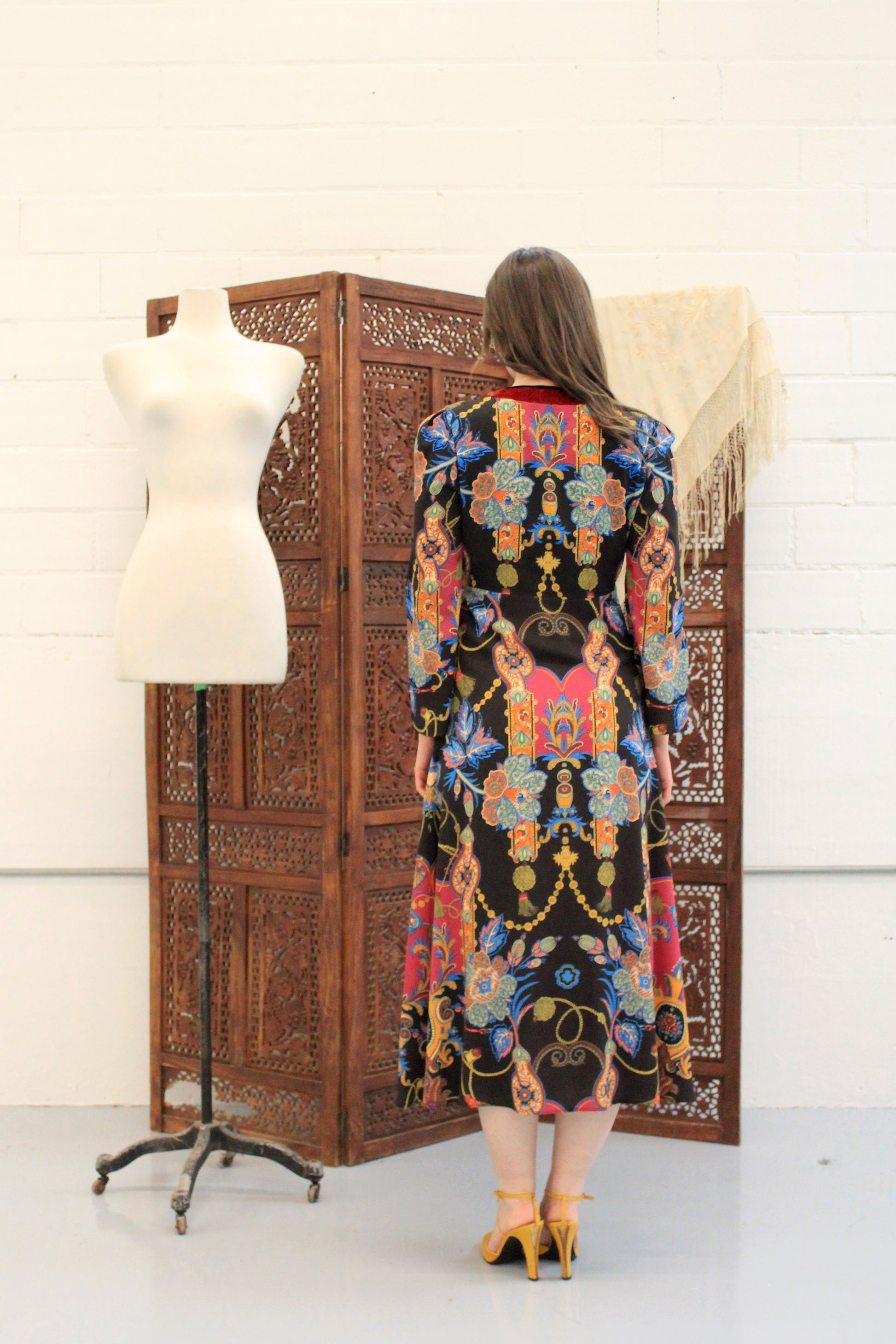 Etro Black Printed Sheer Boho Long Sleeve Midi Dress, Small 