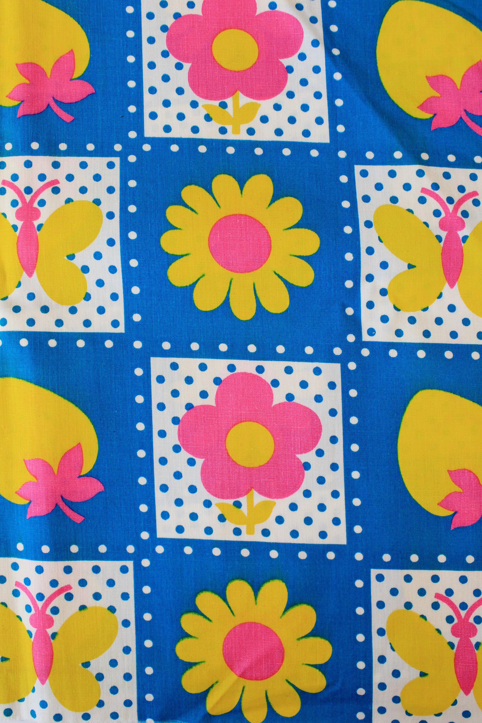 Vintage late 1960s/Early 1970s Neon Floral And Butterfly Checkered Cotton Fabric, 1.5 Yards