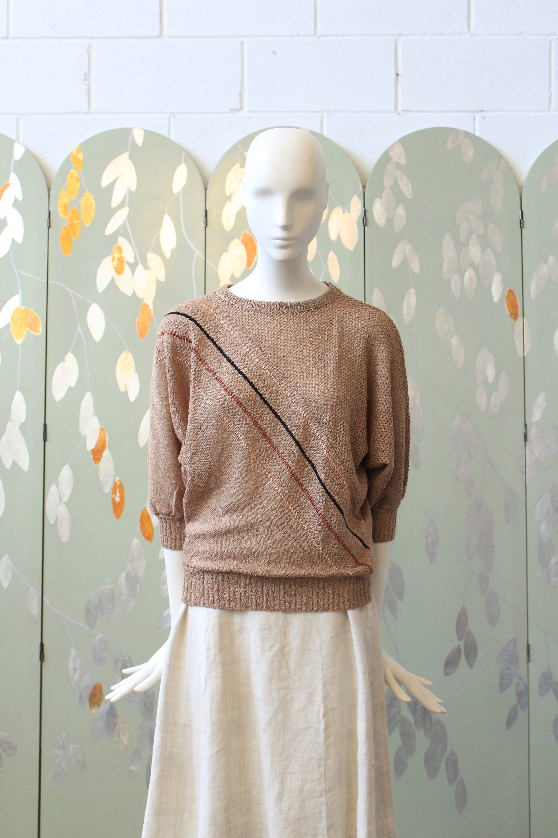 1980s Brown Diagonal Stripe Deadstock 3/4 Sleeve Taupe Knit Top, Small