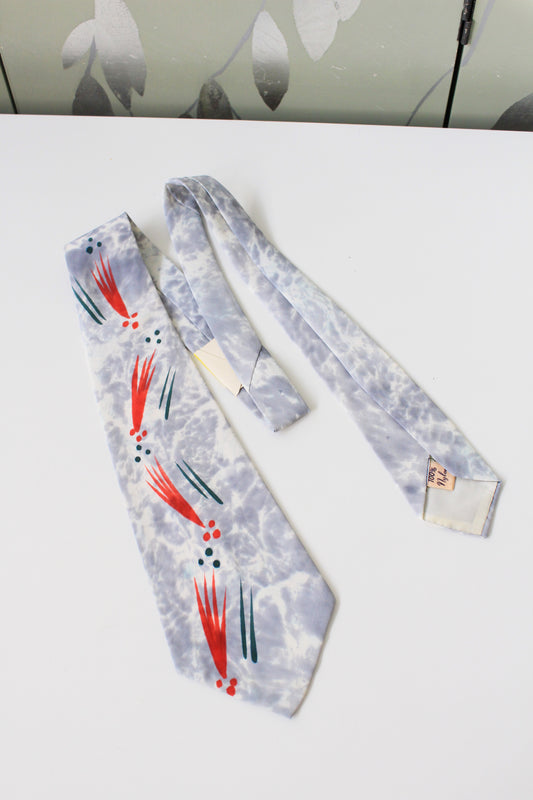 Vintage Late 1940s Grey And Coral Leaf Dead Stock Abstract Tie