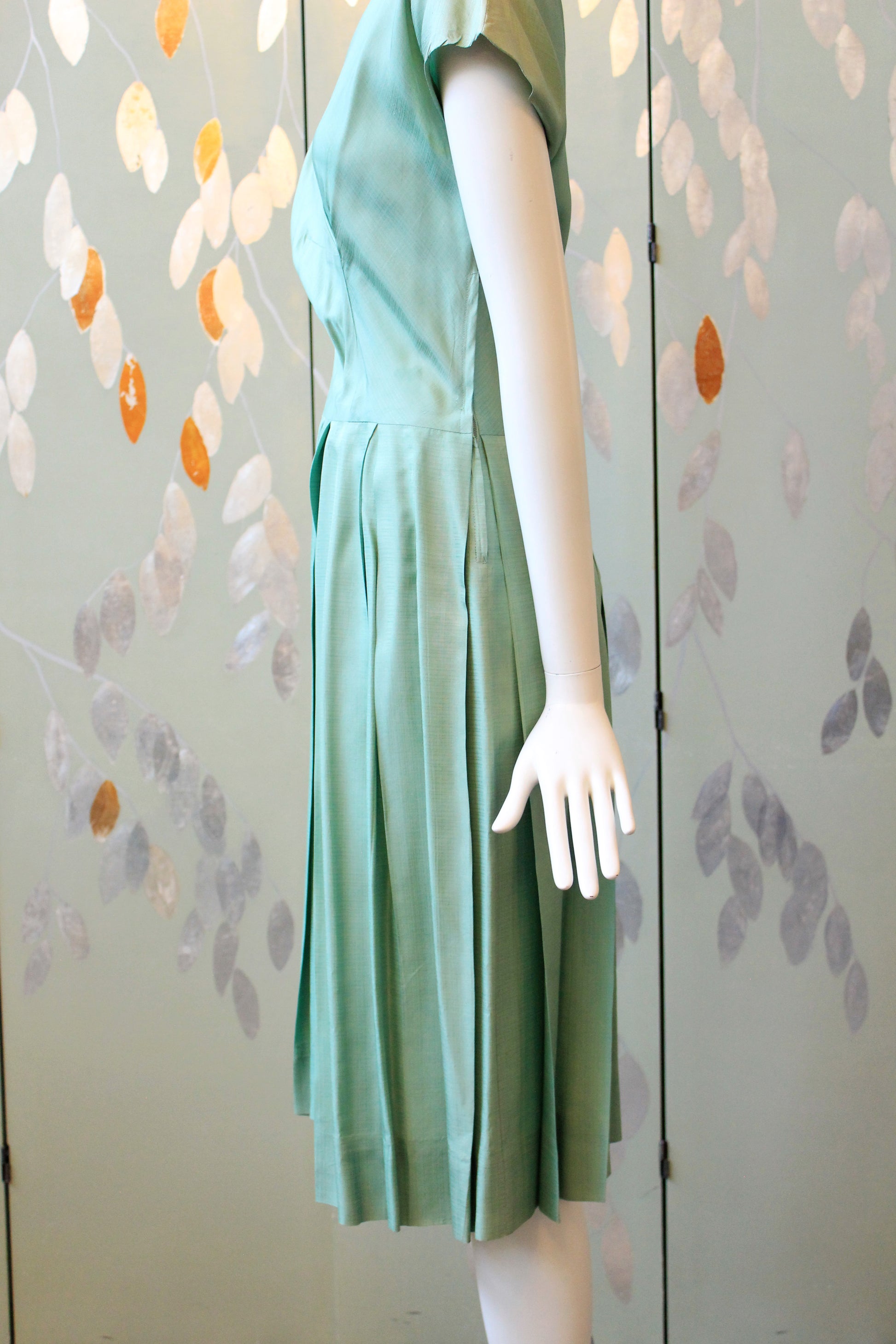 1950s Seafoam Green Short Sleeve Fit And Flare Dress, Small