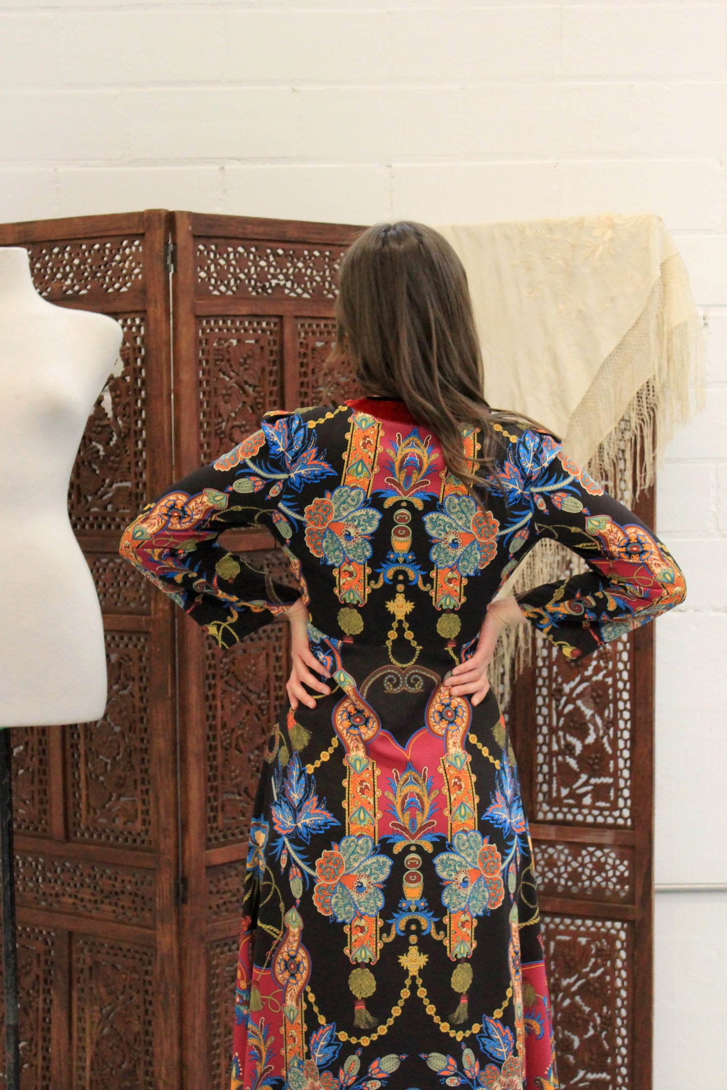 Etro Black Printed Sheer Boho Long Sleeve Midi Dress, Small 