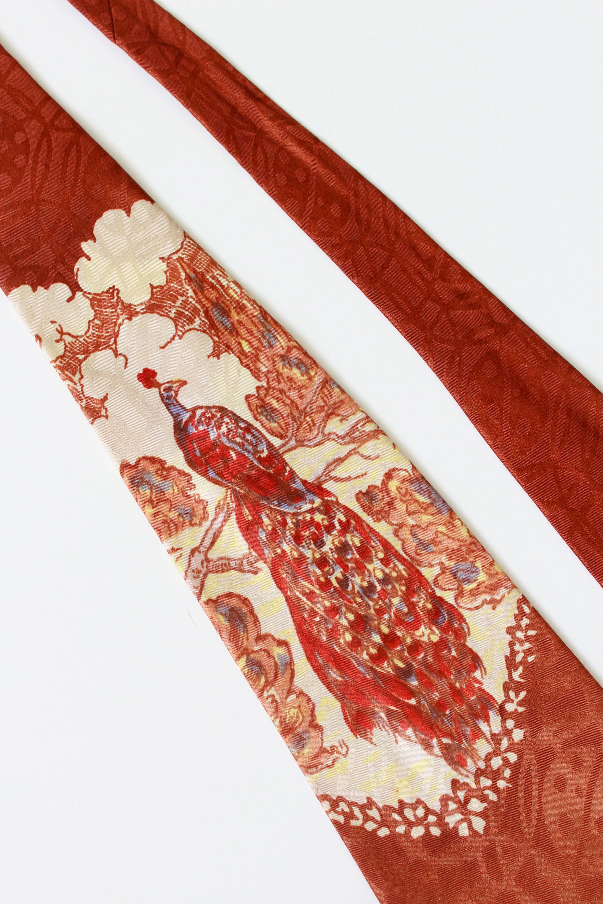 Vintage 1940s Peacock Tie In Brick Orange, Rayon Legath Hand Painted Tie