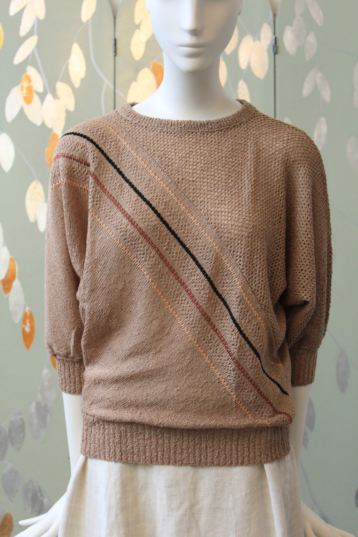 1980s Brown Diagonal Stripe Deadstock 3/4 Sleeve Taupe Knit Top, Small
