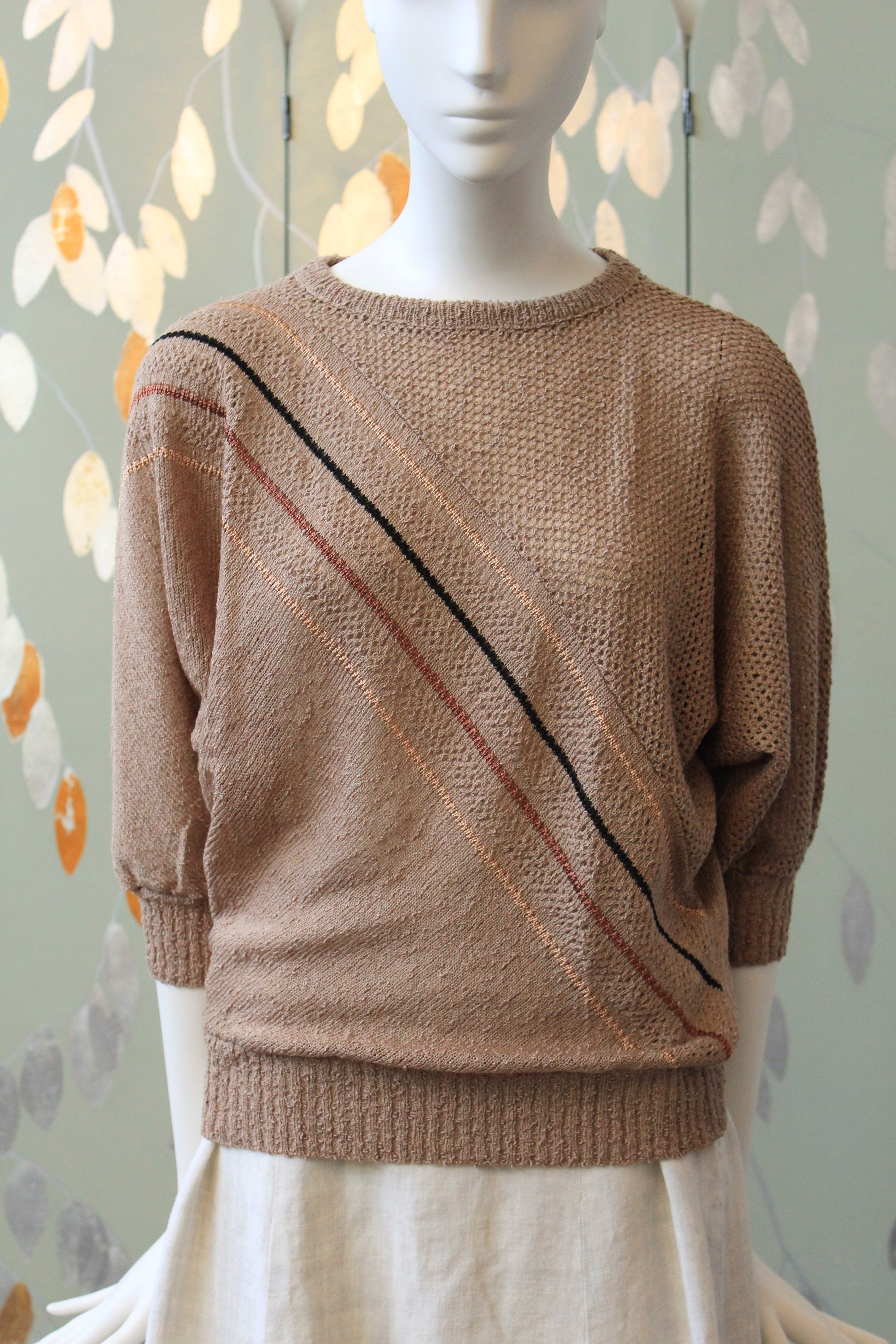1980s Brown Diagonal Stripe Deadstock 3/4 Sleeve Taupe Knit Top, Small